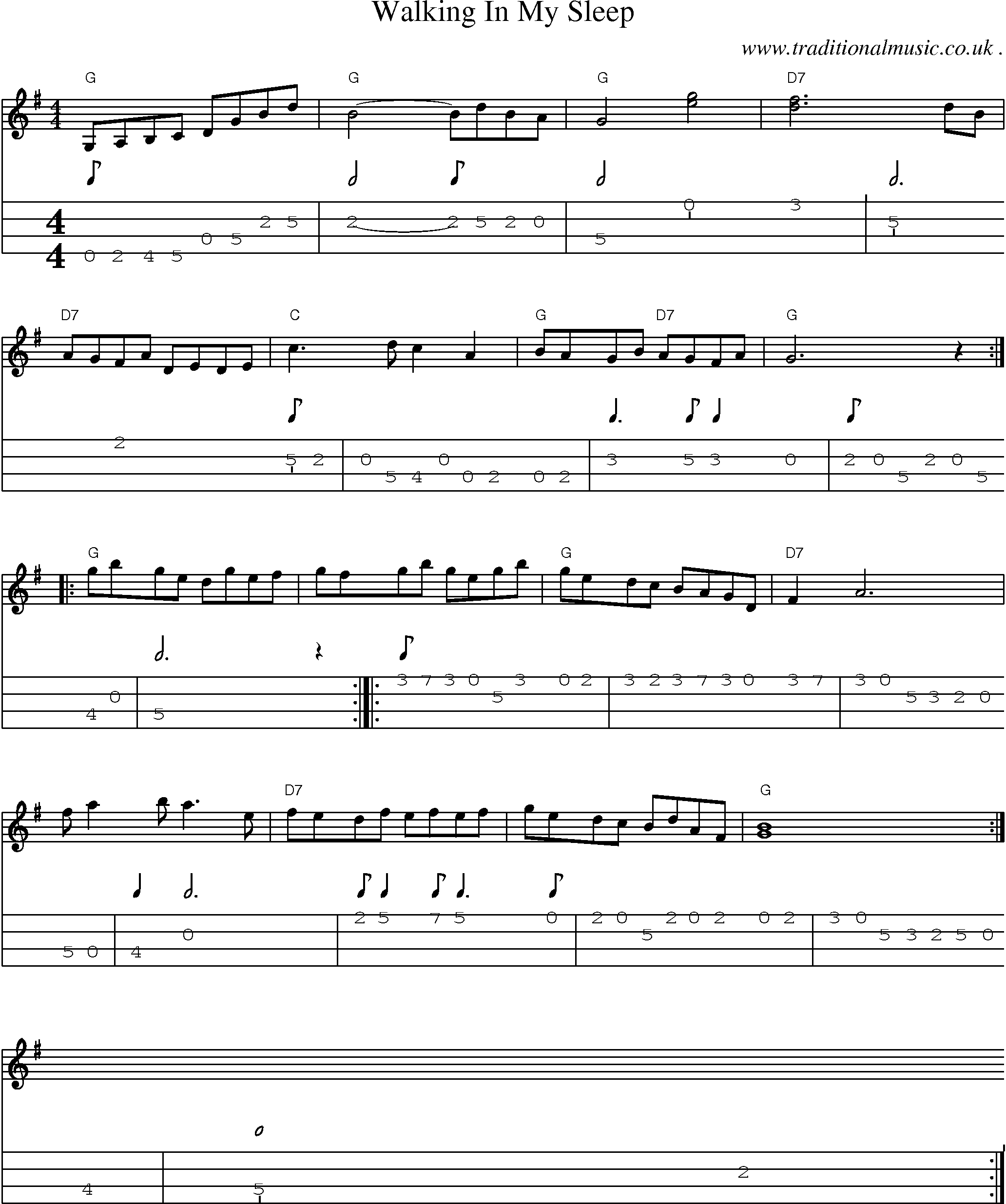 Music Score and Mandolin Tabs for Walking In My Sleep