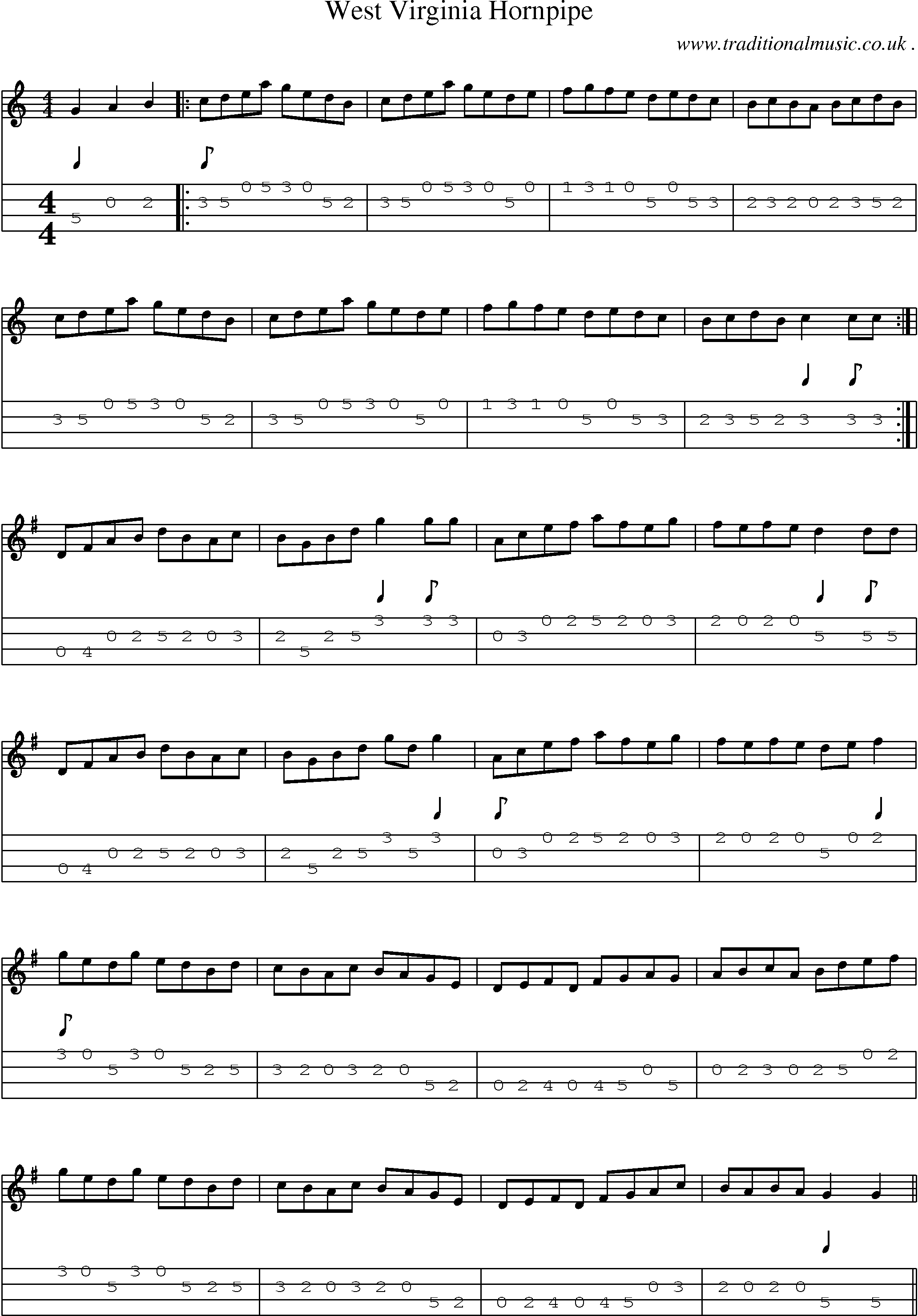 Music Score and Mandolin Tabs for West Virginia Hornpipe