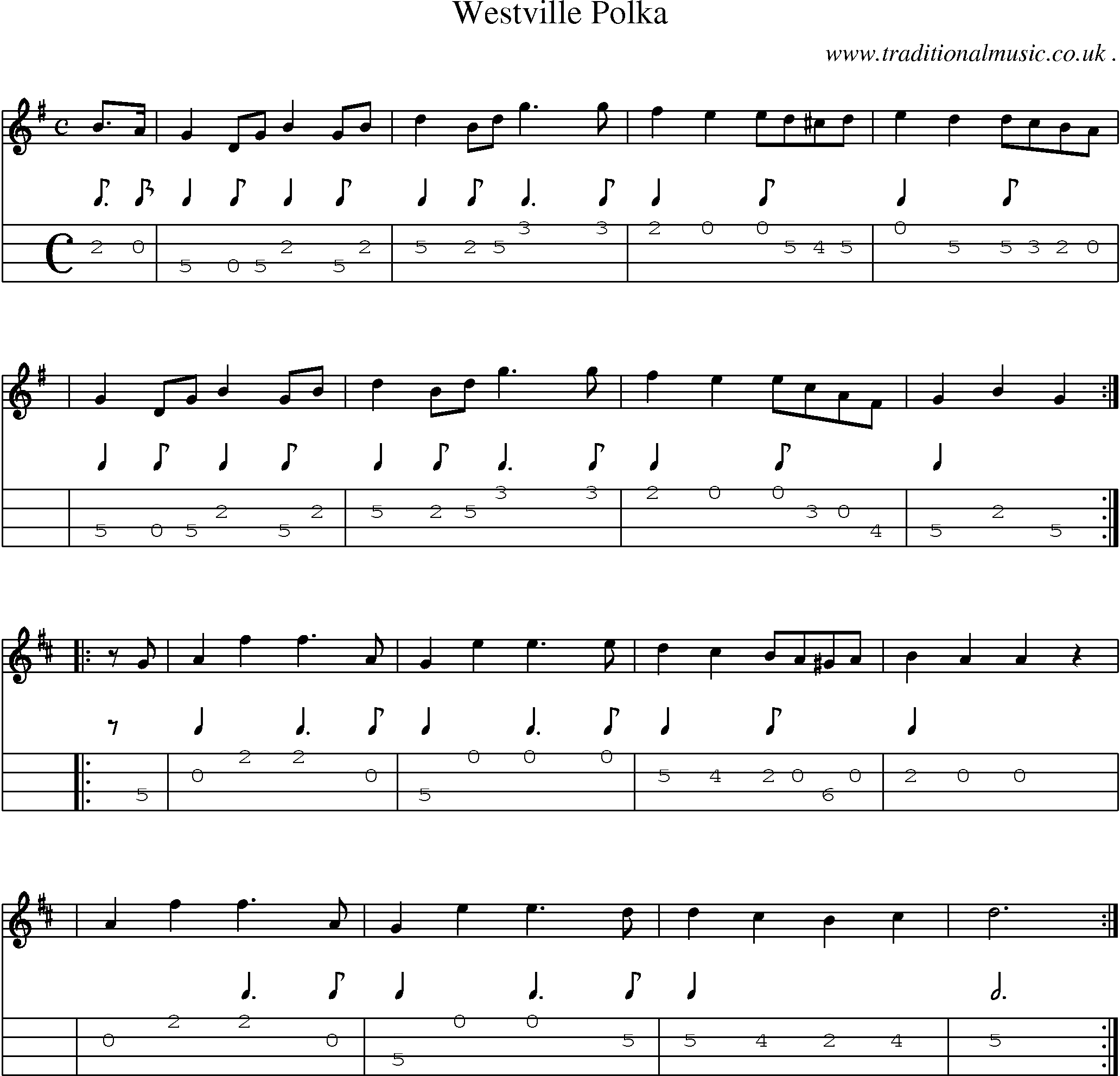 Music Score and Mandolin Tabs for Westville Polka