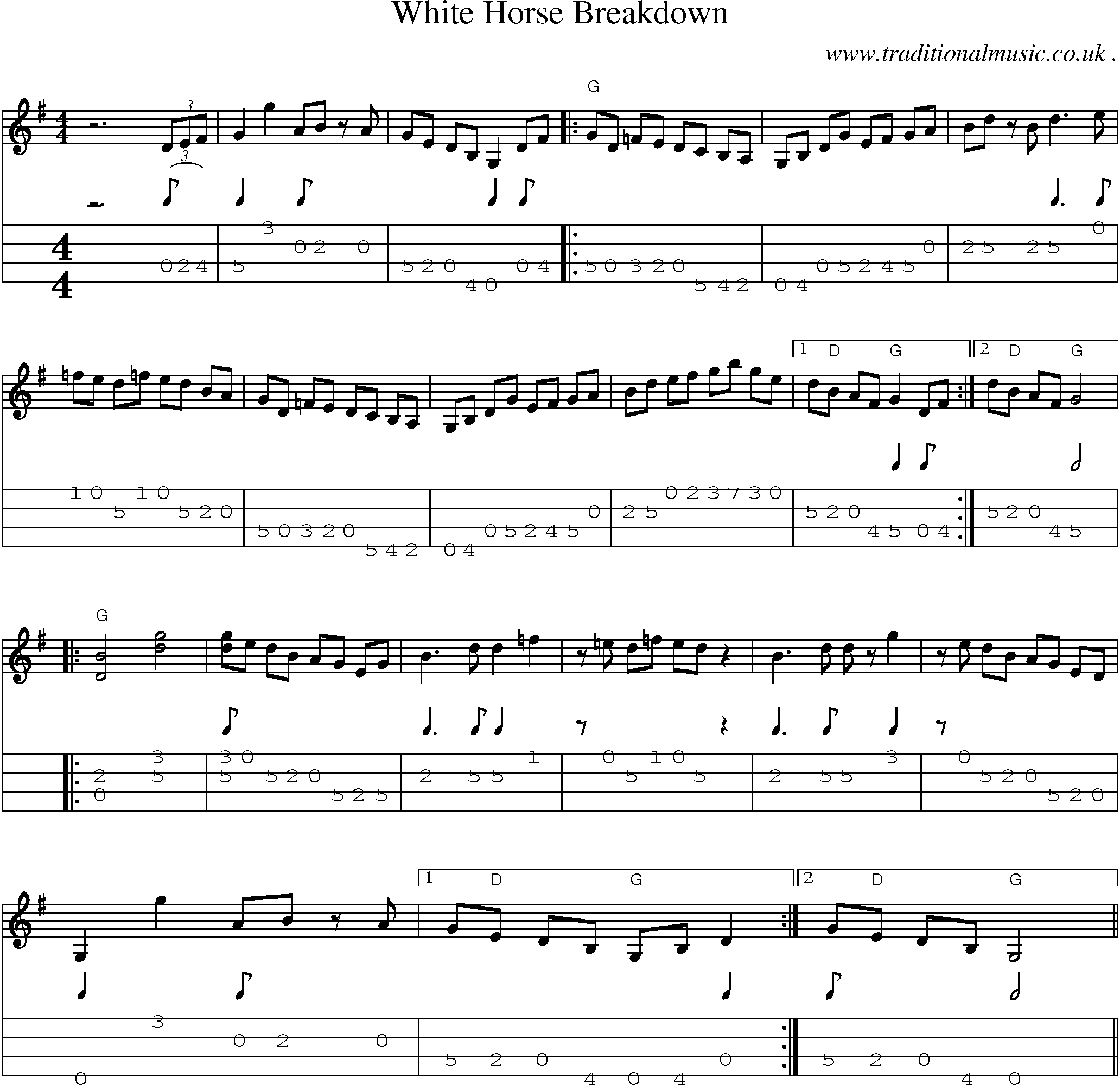 Music Score and Mandolin Tabs for White Horse Breakdown