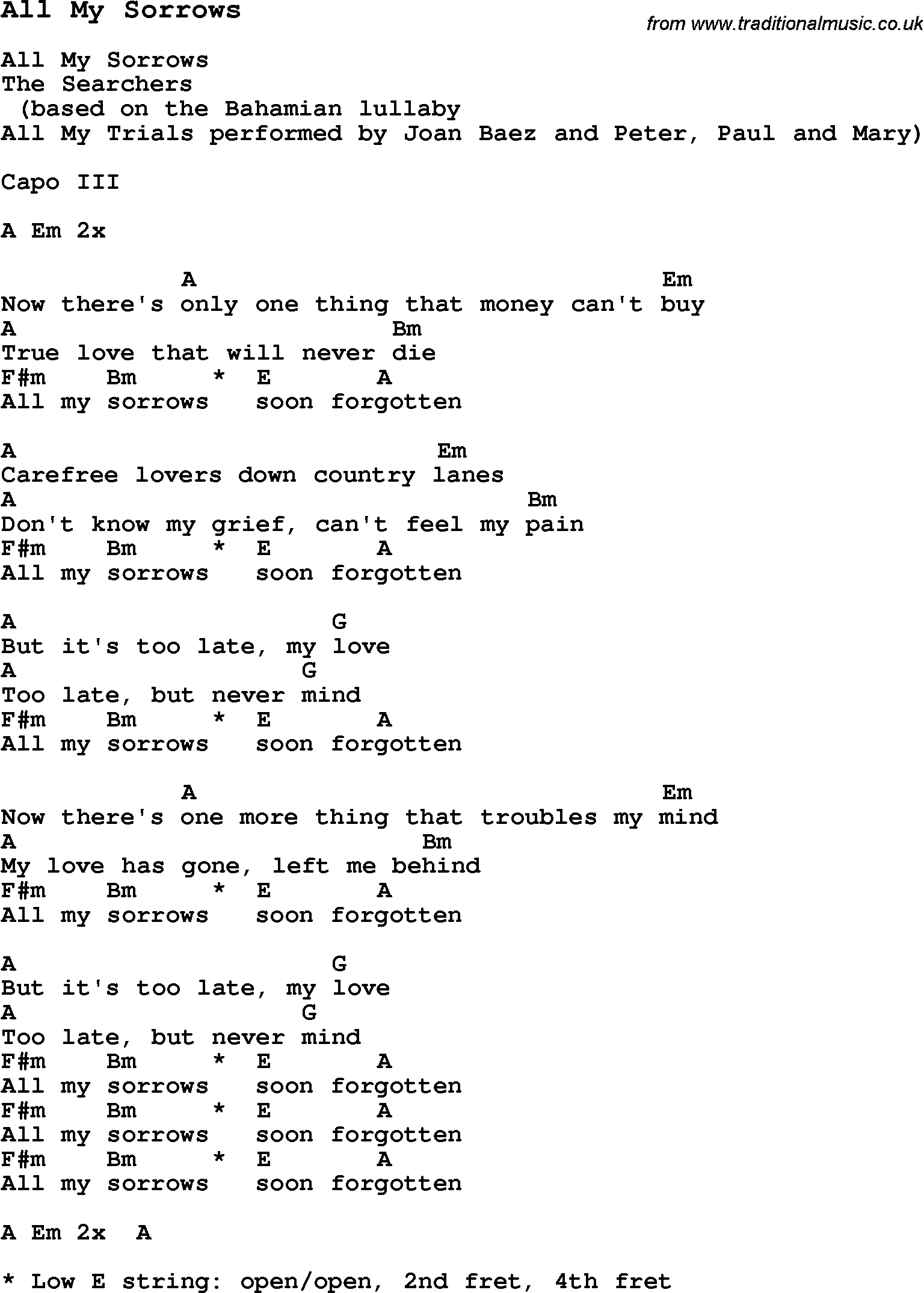Traditional Song All My Sorrows with Chords, Tabs and Lyrics