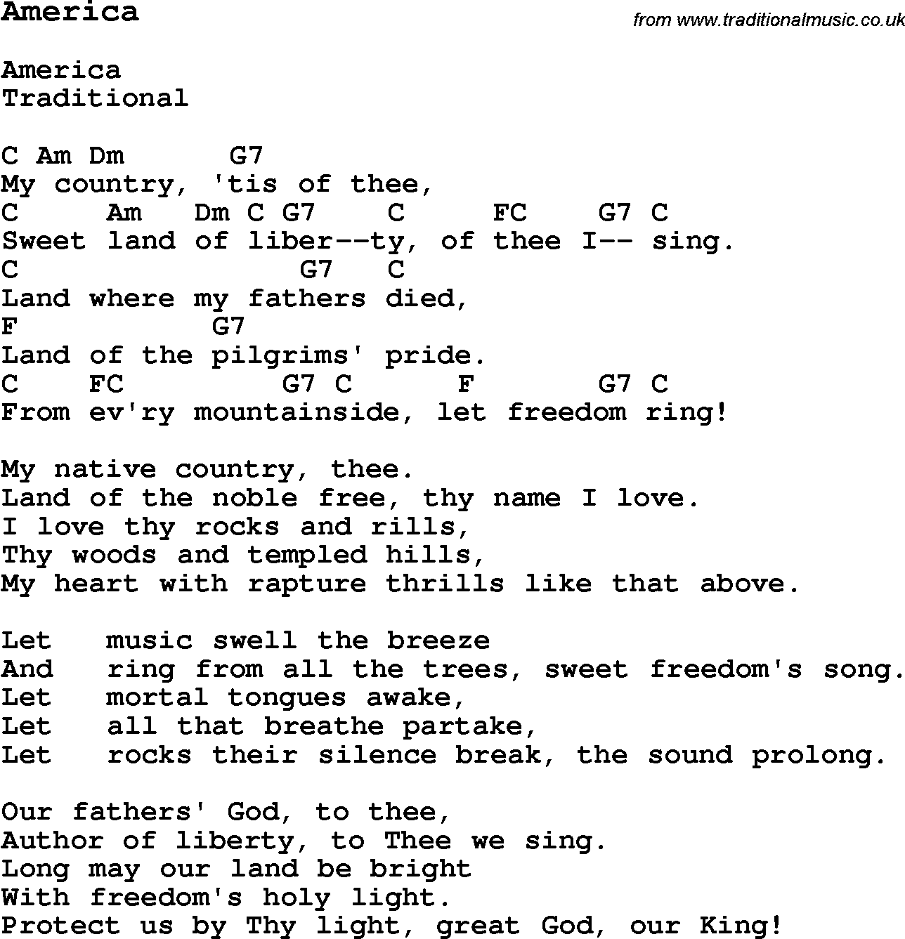Traditional Song America with Chords, Tabs and Lyrics