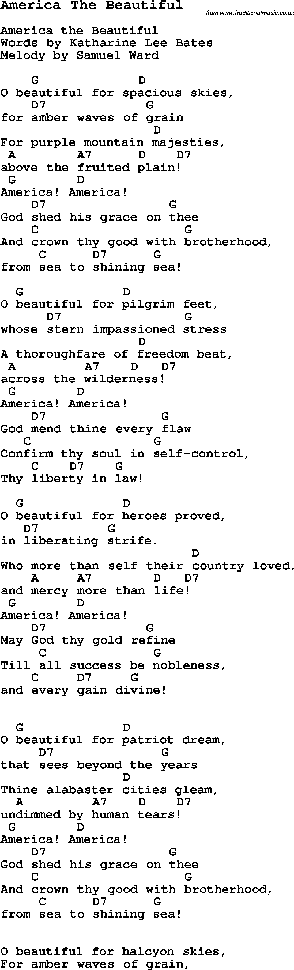 Traditional Song America The Beautiful With Chords Tabs And Lyrics