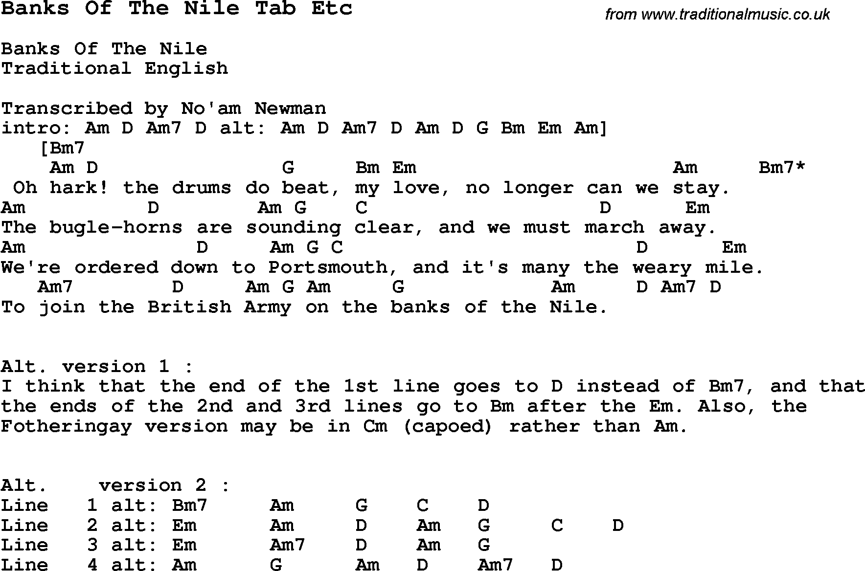 Traditional Song Banks Of The Nile Tab Etc with Chords, Tabs and Lyrics