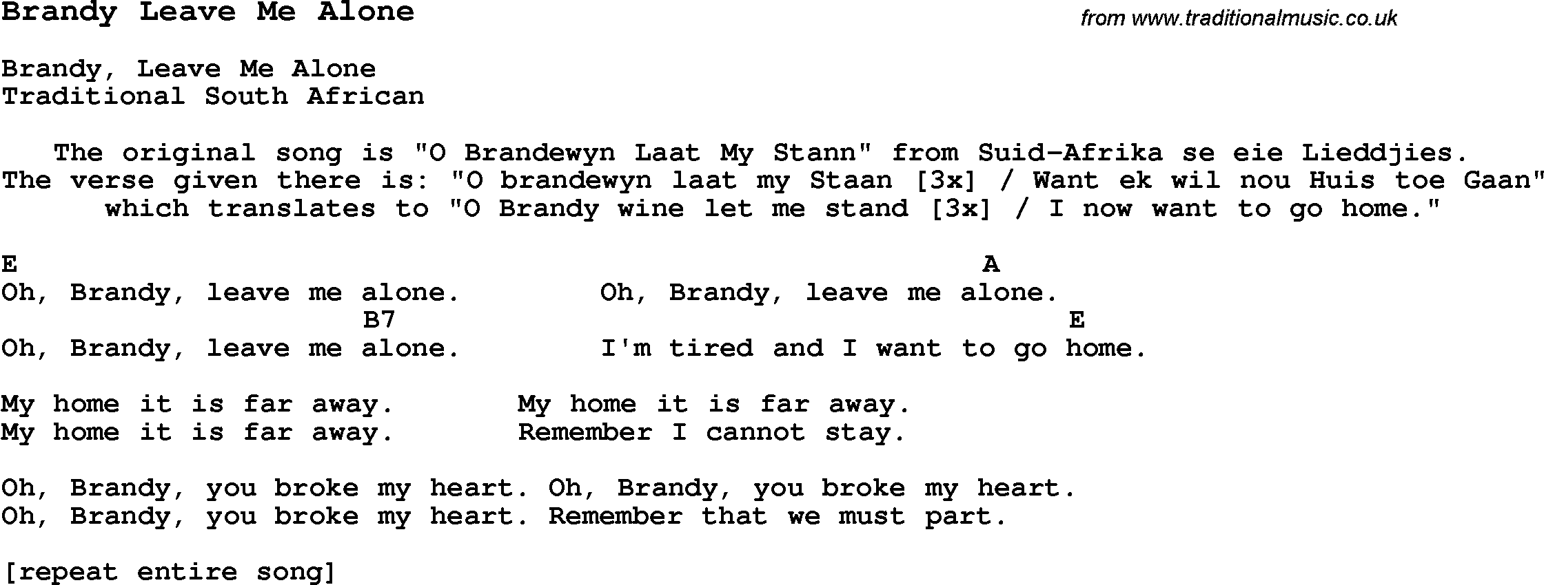 Traditional Song Brandy Leave Me Alone with Chords, Tabs and Lyrics