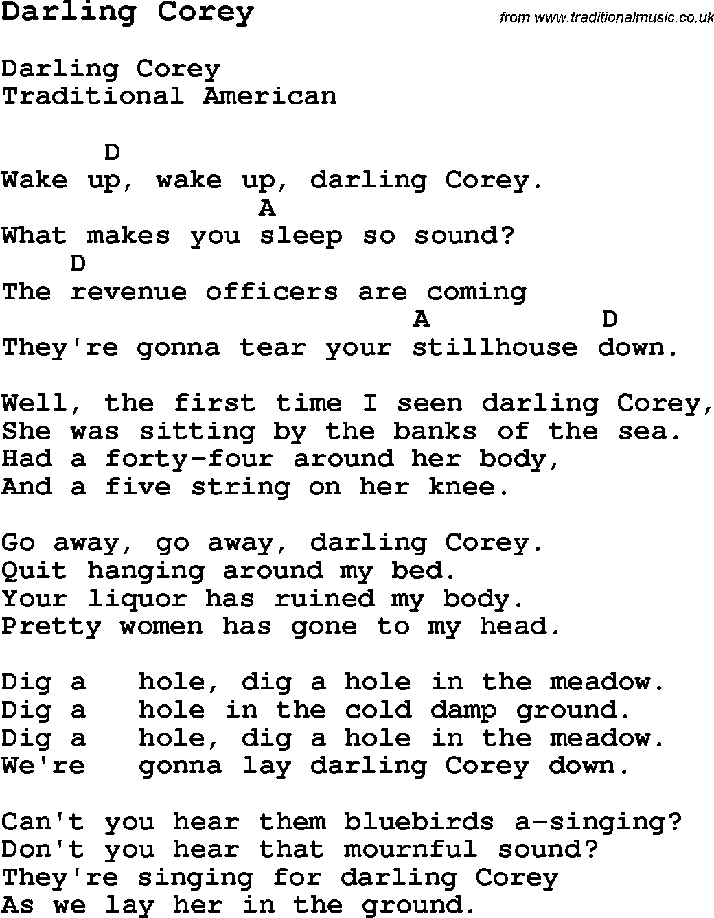 Traditional Song Darling Corey with Chords, Tabs and Lyrics