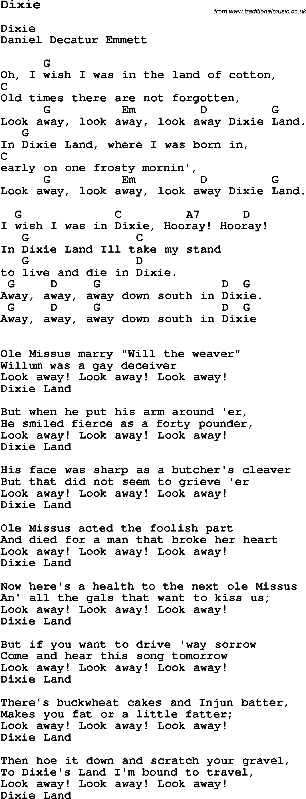 Traditional Song Dixie with Chords, Tabs and Lyrics