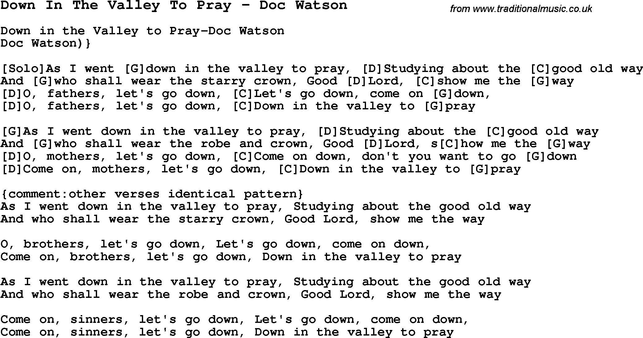 Traditional Song Down In The Valley To Pray - Doc Watson with Chords, Tabs and Lyrics