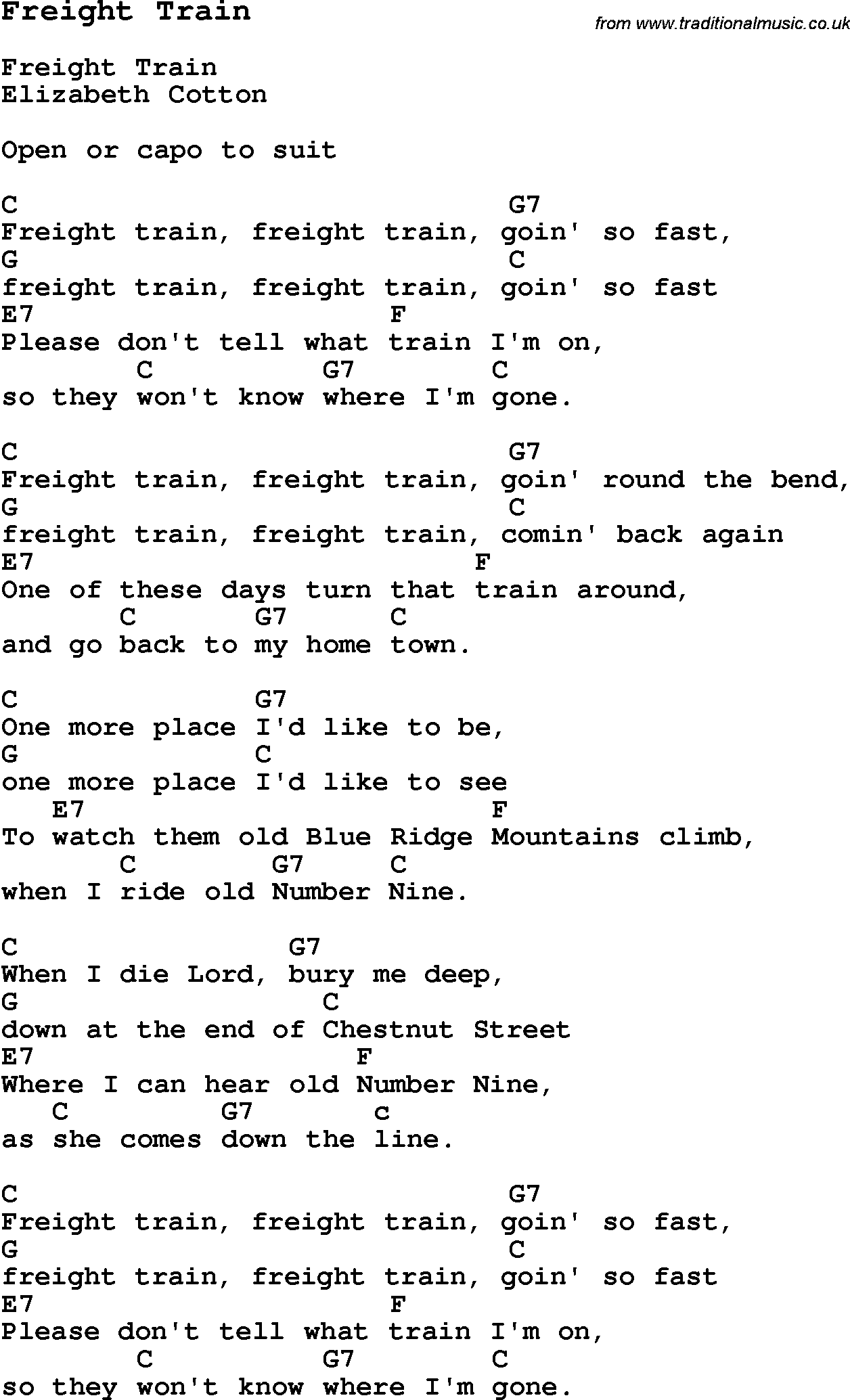 Traditional Song Freight Train with Chords, Tabs and Lyrics