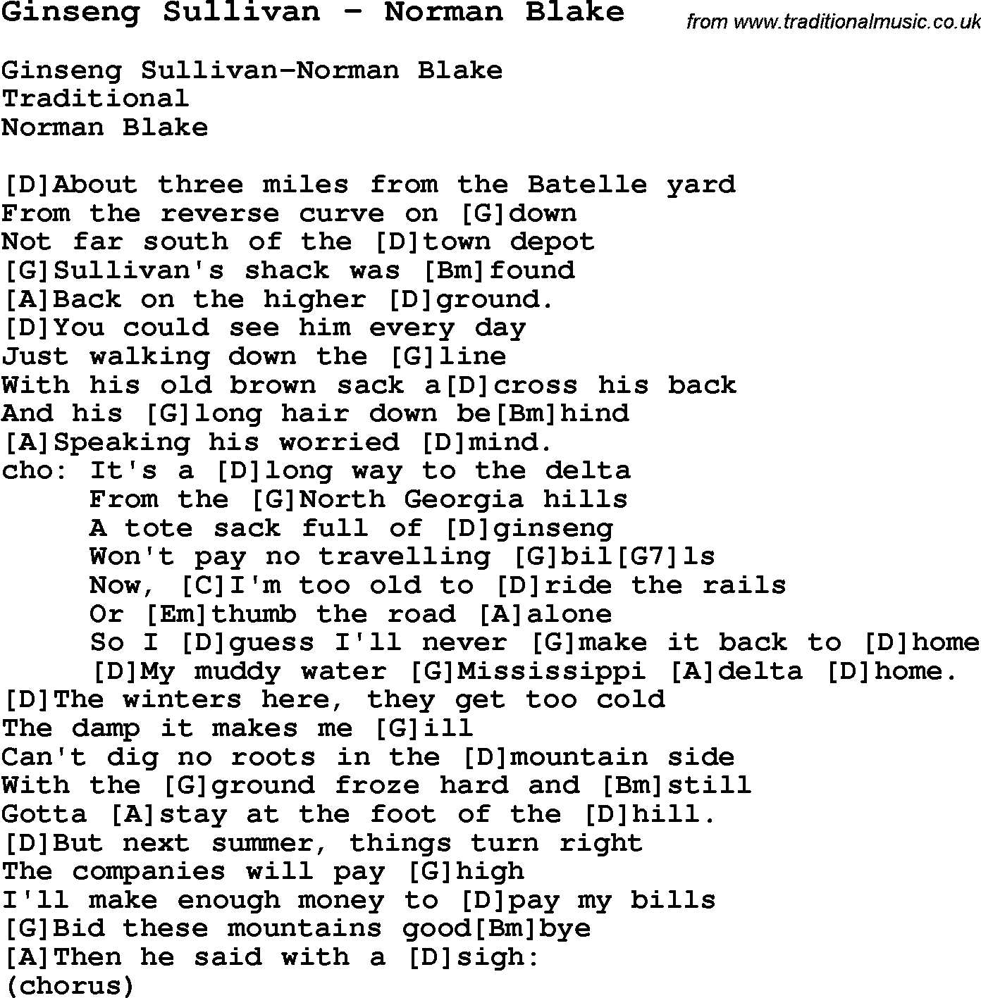 Traditional Song Ginseng Sullivan - Norman Blake with Chords, Tabs and Lyrics