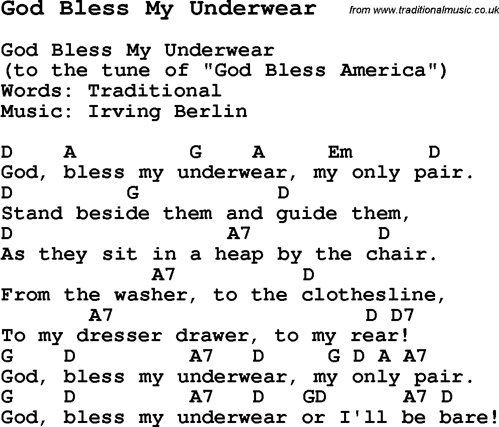 Traditional Song God Bless My Underwear with Chords, Tabs and Lyrics