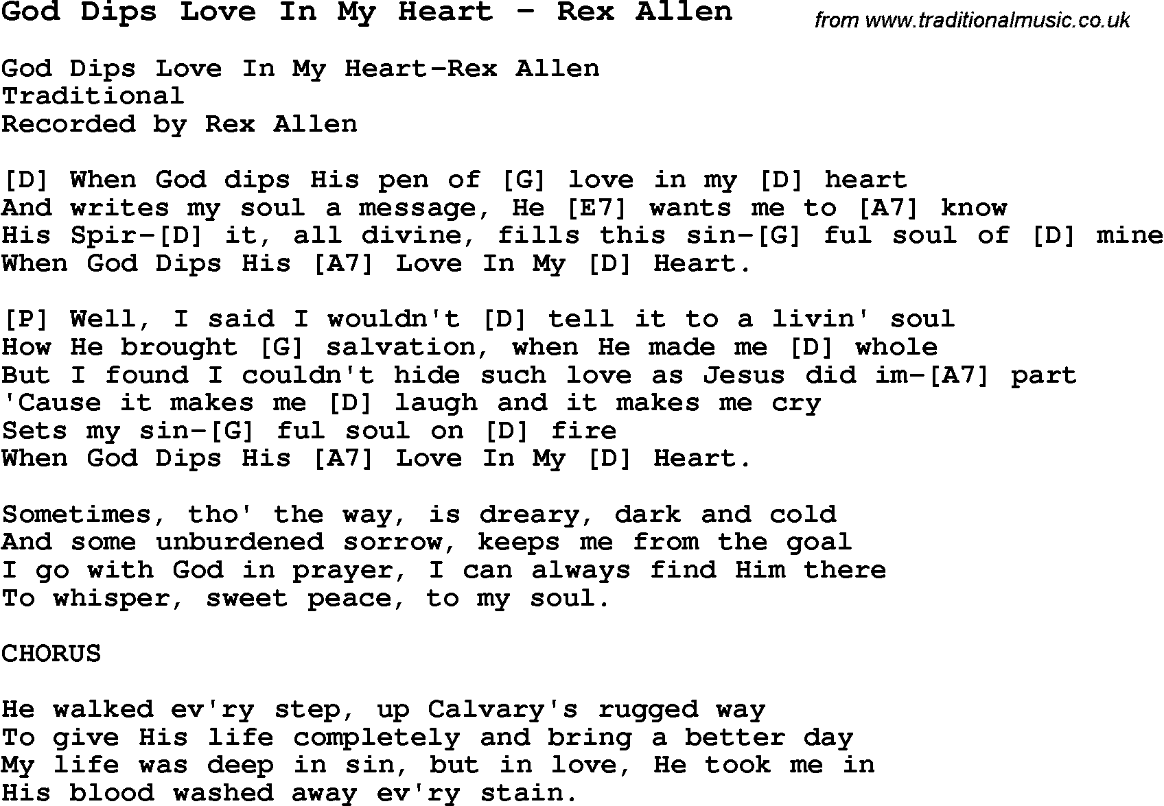 Traditional Song God Dips Love In My Heart - Rex Allen with Chords, Tabs and Lyrics