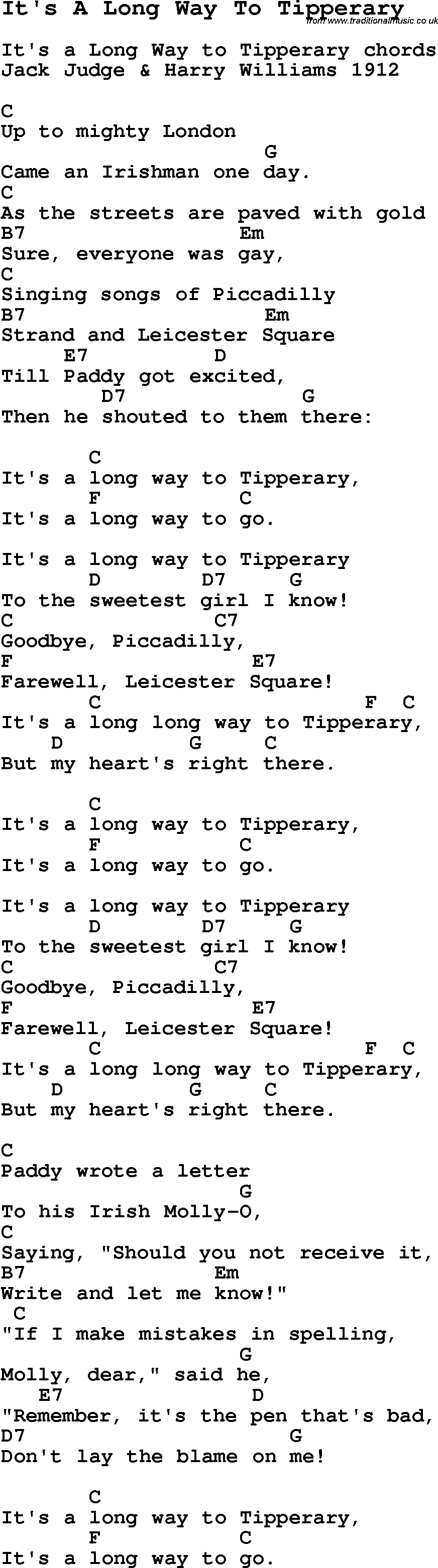 Traditional Song It's A Long Way To Tipperary with Chords, Tabs and Lyrics