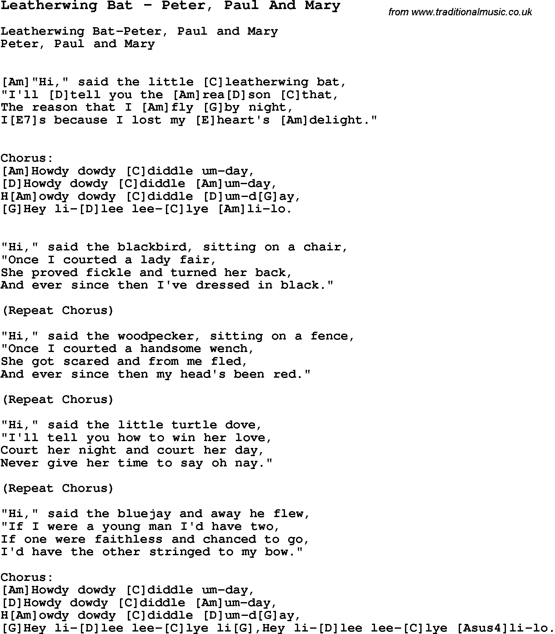 Traditional Song Leatherwing Bat - Peter, Paul And Mary with Chords, Tabs and Lyrics