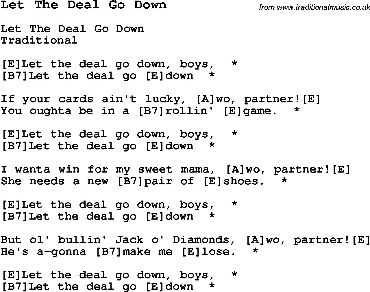 Traditional Song Let The Deal Go Down with Chords, Tabs and Lyrics