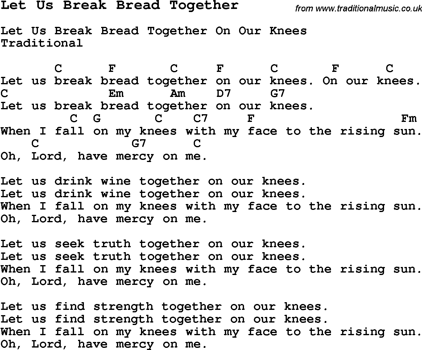 Traditional Song Let Us Break Bread Together with Chords, Tabs and Lyrics
