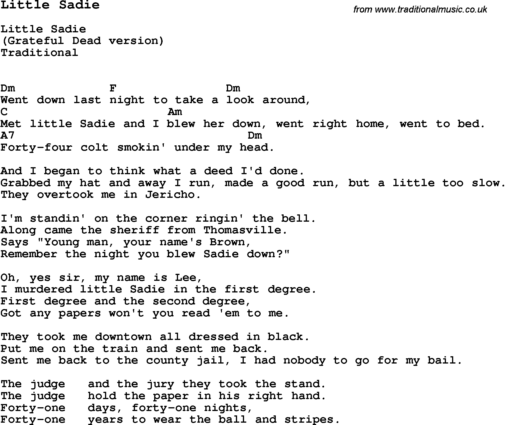 Traditional Song Little Sadie with Chords, Tabs and Lyrics