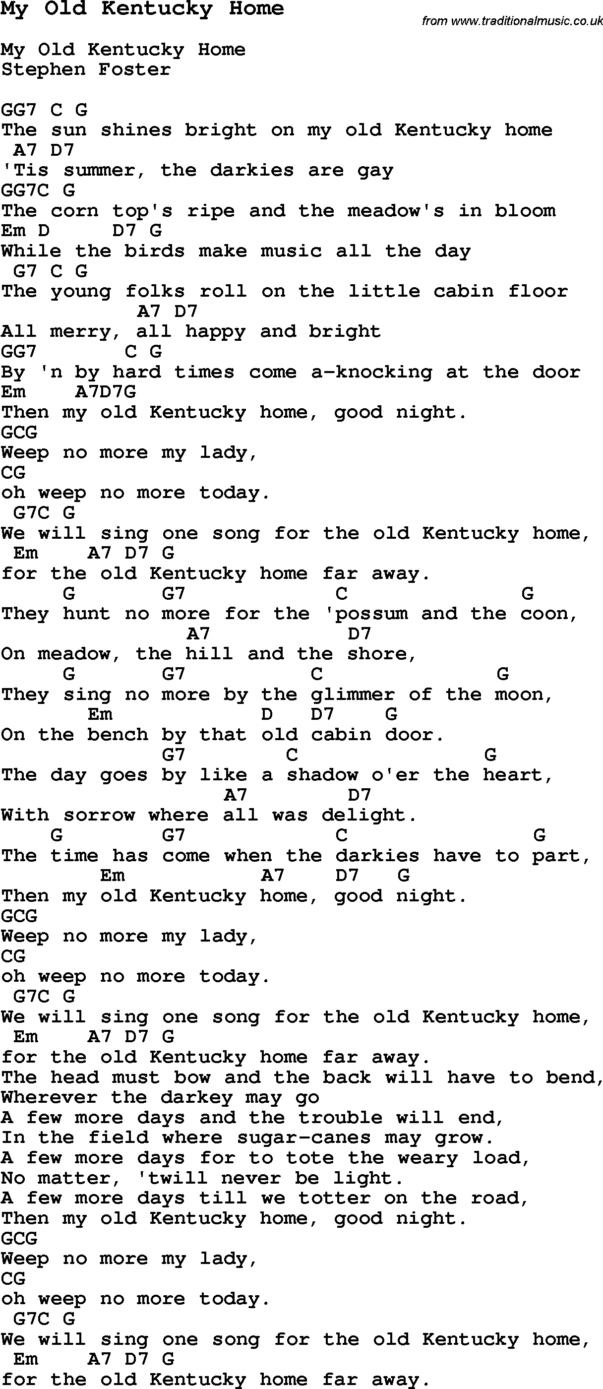 Traditional Song My Old Kentucky Home with Chords, Tabs and Lyrics