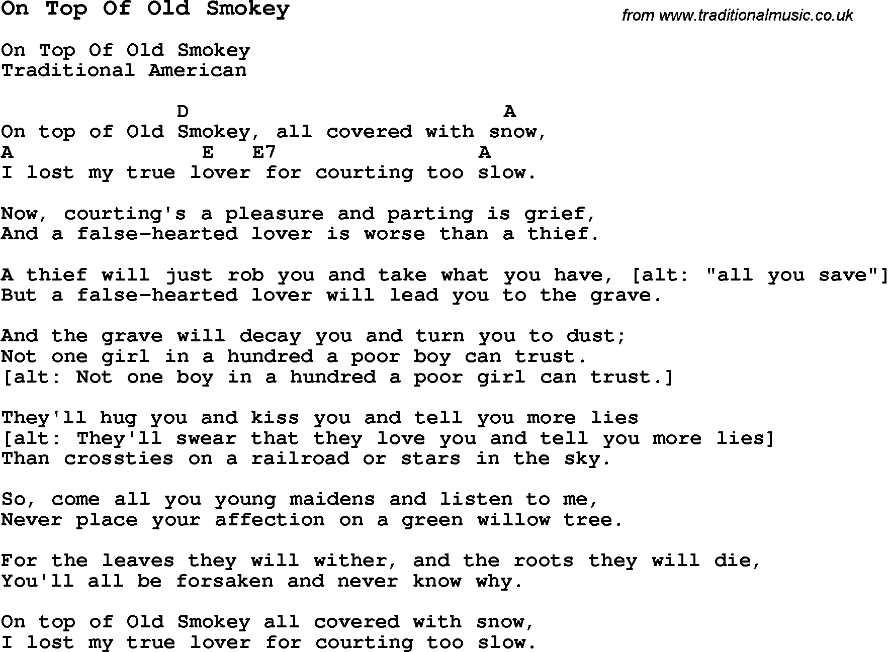 Traditional Song On Top Of Old Smokey with Chords, Tabs and Lyrics