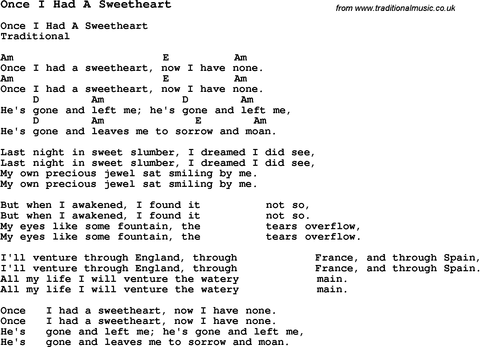 Traditional Song Once I Had A Sweetheart with Chords, Tabs and Lyrics