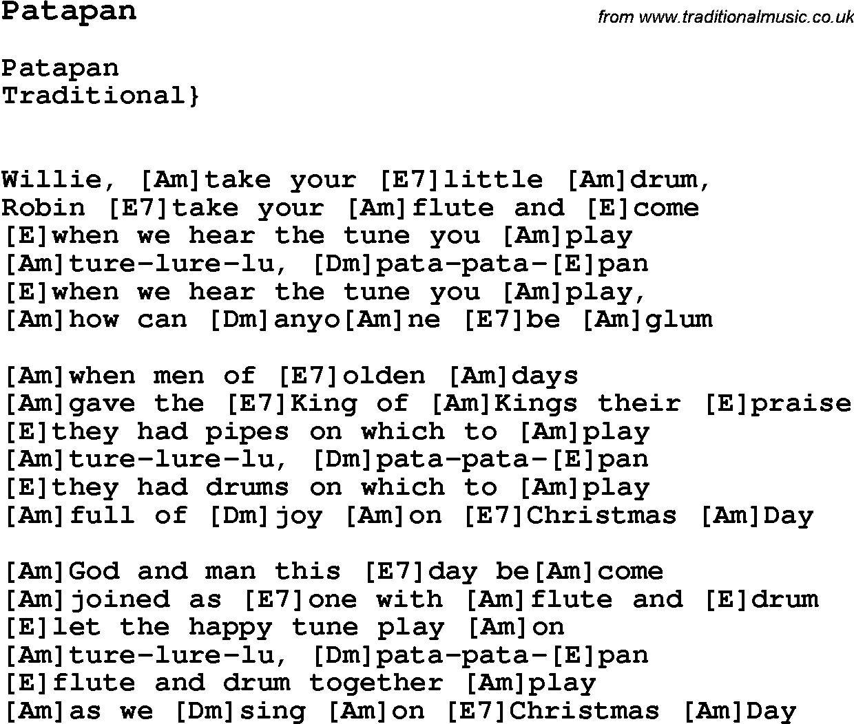 Traditional Song Patapan with Chords, Tabs and Lyrics