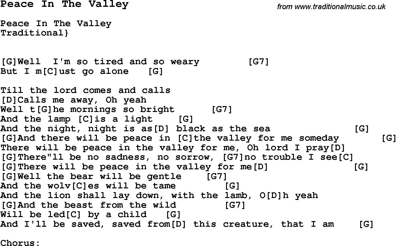 Traditional Song Peace In The Valley with Chords, Tabs and Lyrics