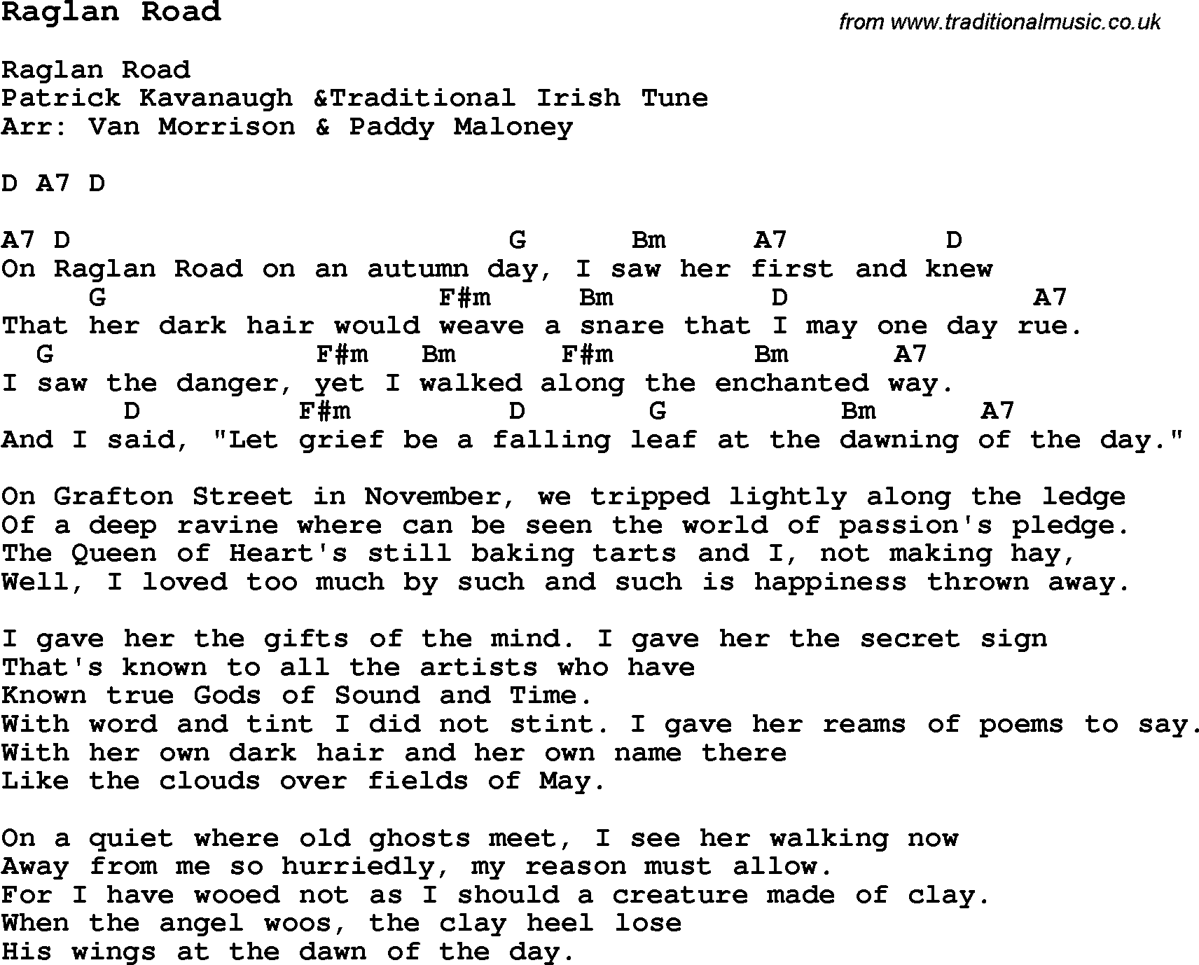 Traditional Song Raglan Road with Chords, Tabs and Lyrics