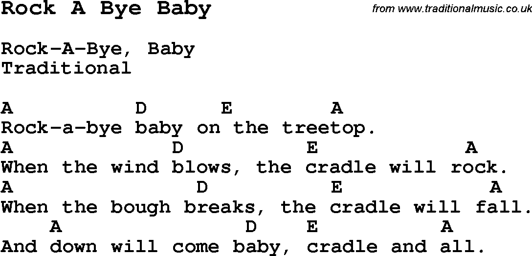 Traditional Song Rock A Bye Baby with Chords, Tabs and Lyrics