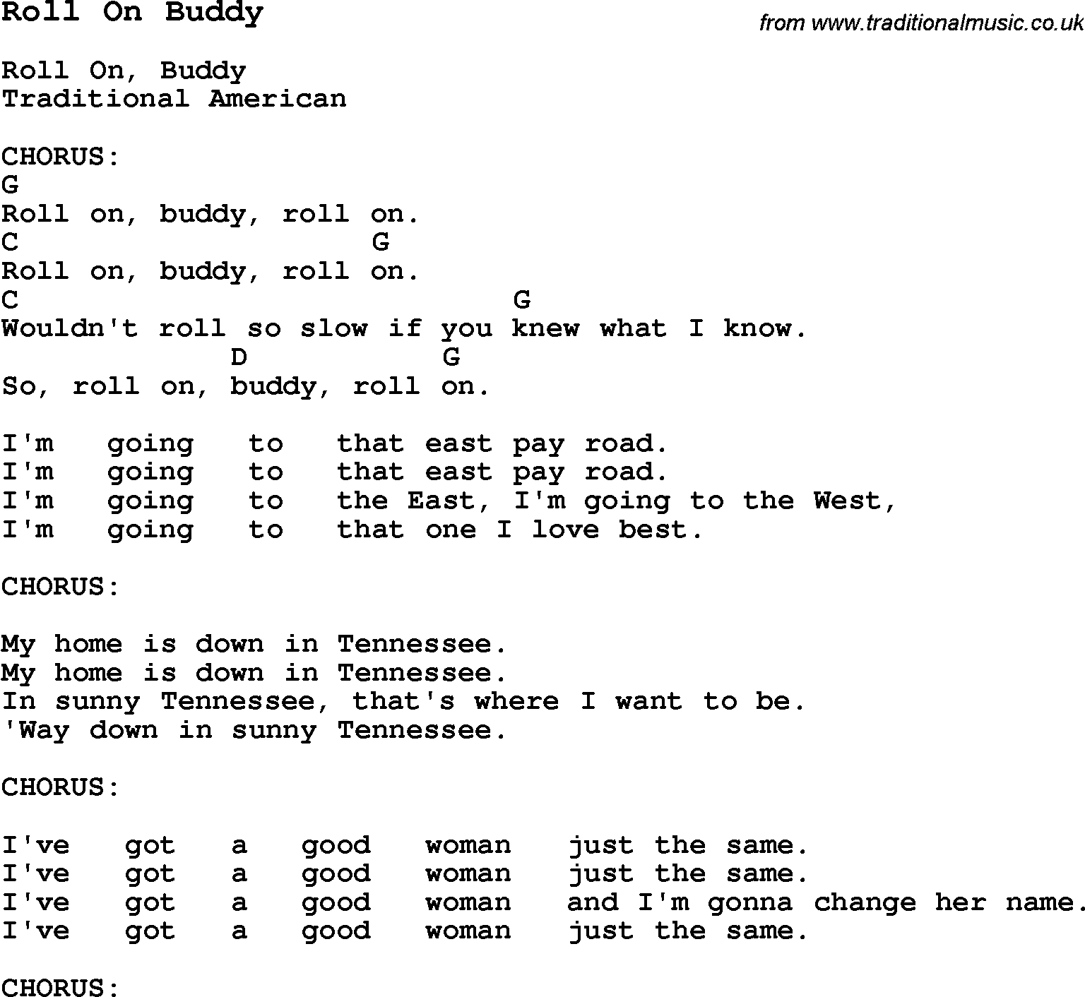 Traditional Song Roll On Buddy with Chords, Tabs and Lyrics