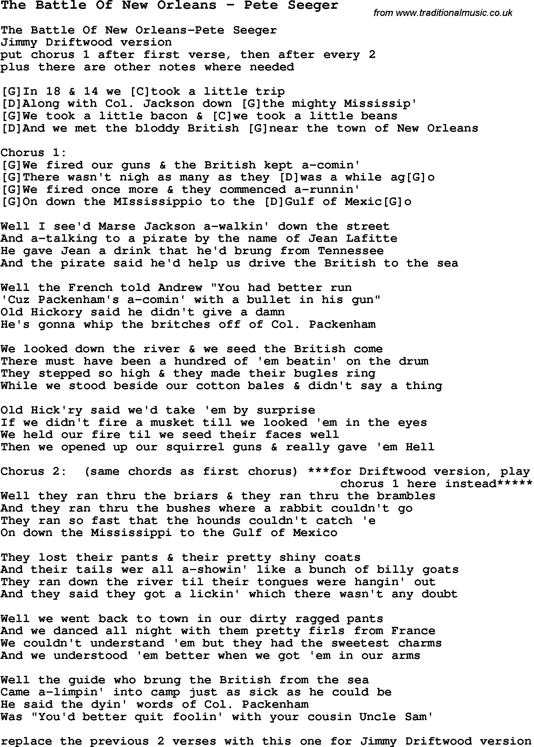 Traditional Song The Battle Of New Orleans - Pete Seeger with Chords, Tabs and Lyrics