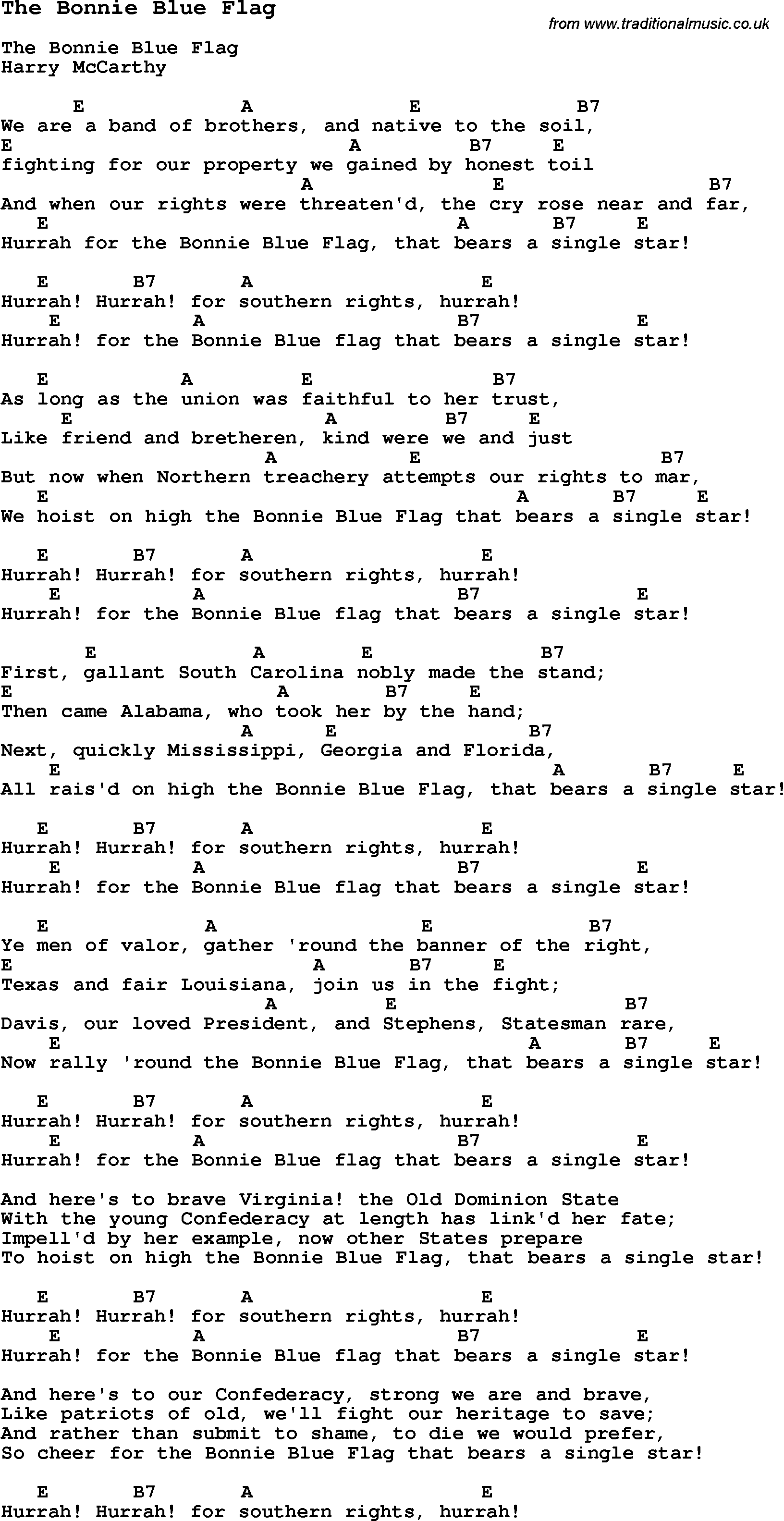 Traditional Song The Bonnie Blue Flag with Chords, Tabs and Lyrics