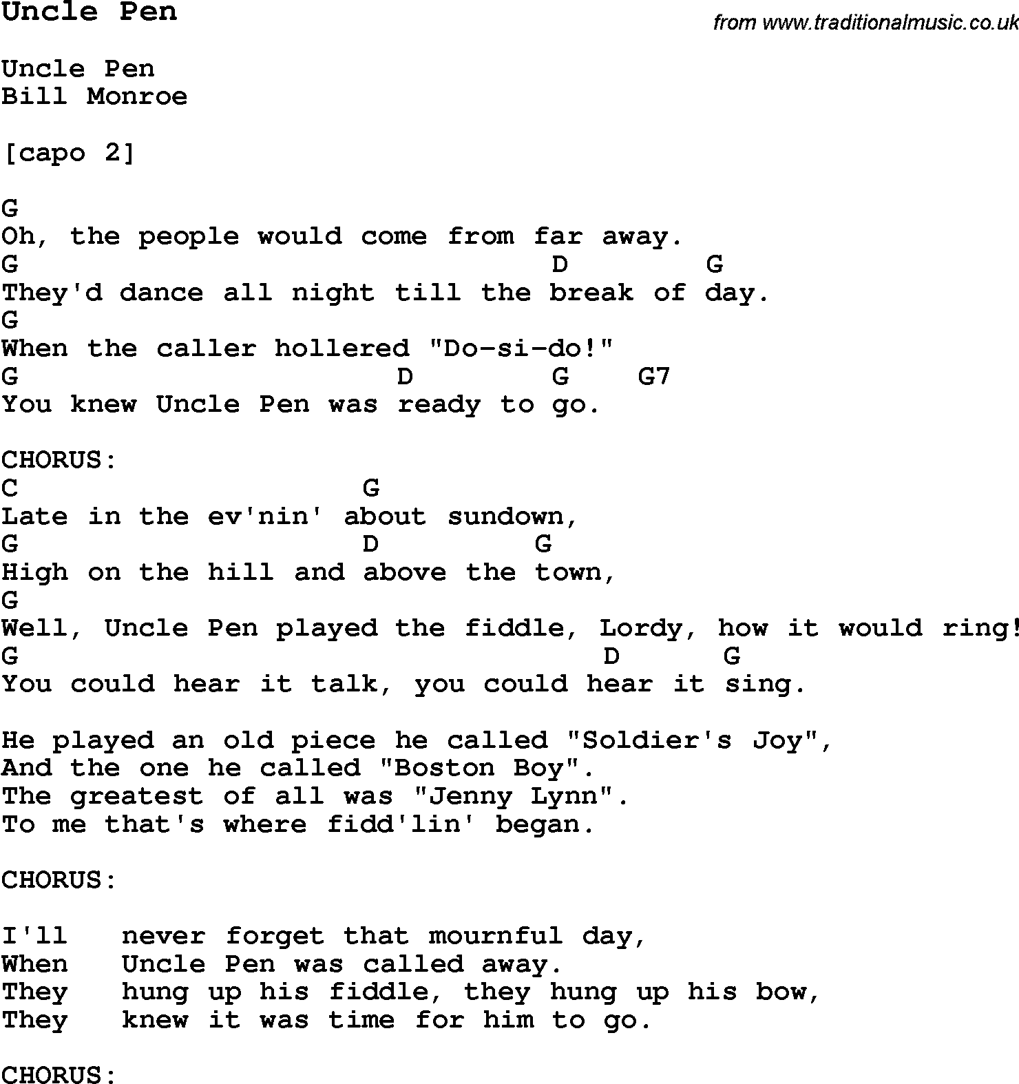 Traditional Song Uncle Pen with Chords, Tabs and Lyrics