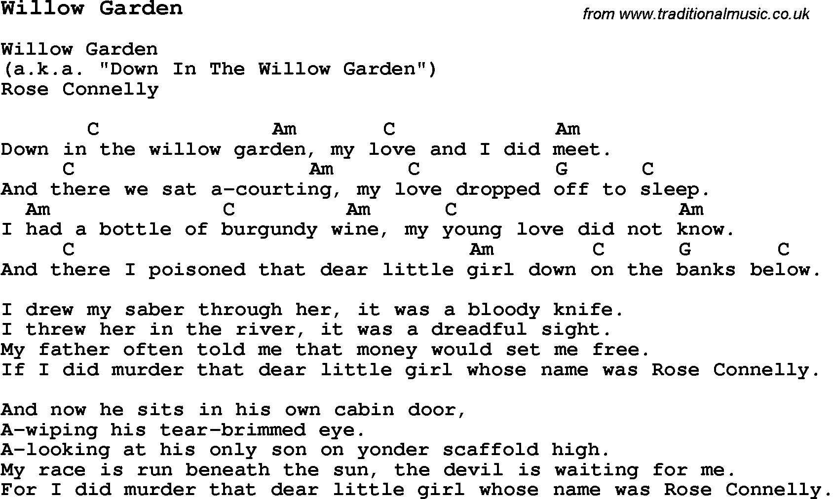 Traditional Song Willow Garden with Chords, Tabs and Lyrics