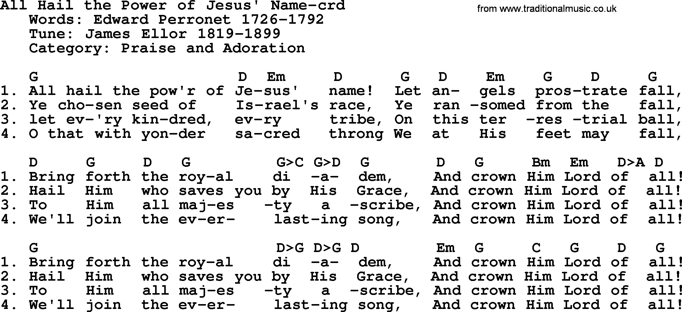 Ascensiontide Hynms collection, Hymn: All Hail The Power Of Jesus' Name lyrics, chords and PDF