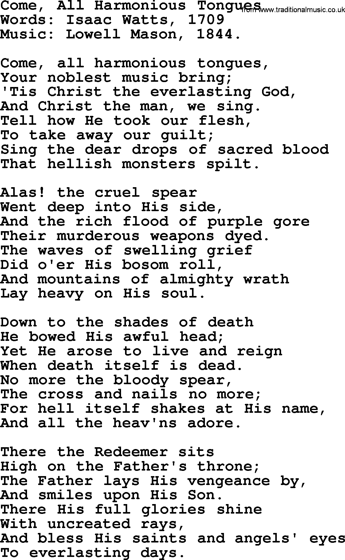 Ascensiontide Hynms collection, Hymn: Come, All Harmonious Tongues, lyrics and PDF