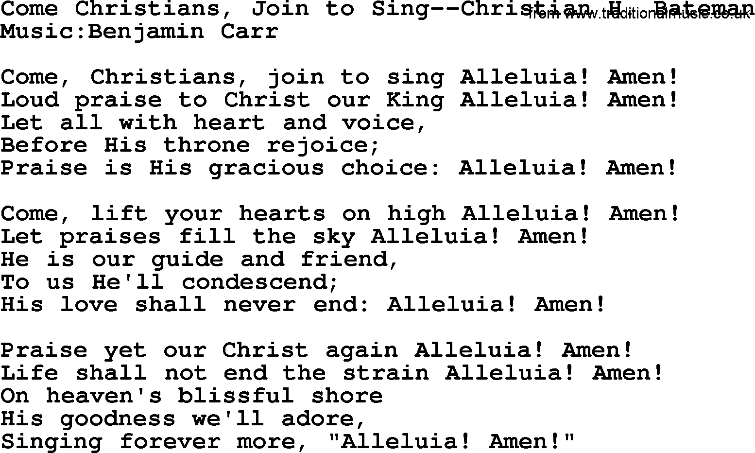 Ascensiontide Hynms collection, Hymn: Come Christians, Join To Sing-Christian H Bateman, lyrics and PDF