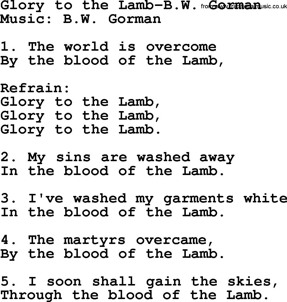 Ascensiontide Hynms collection, Hymn: Glory To The Lamb-B.W. Gorman, lyrics and PDF