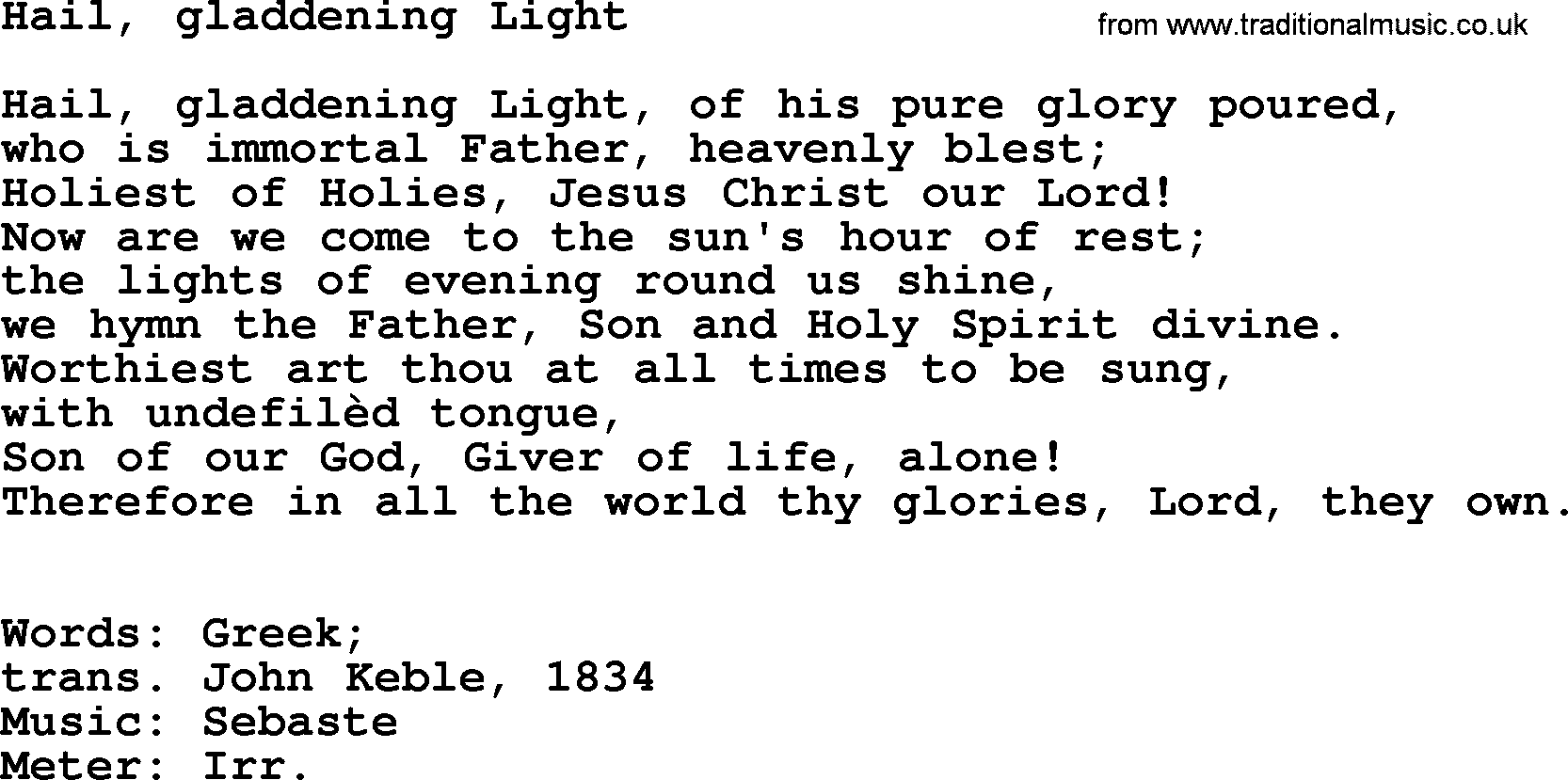 Ascensiontide Hynms collection, Hymn: Hail, Gladdening Light, lyrics and PDF