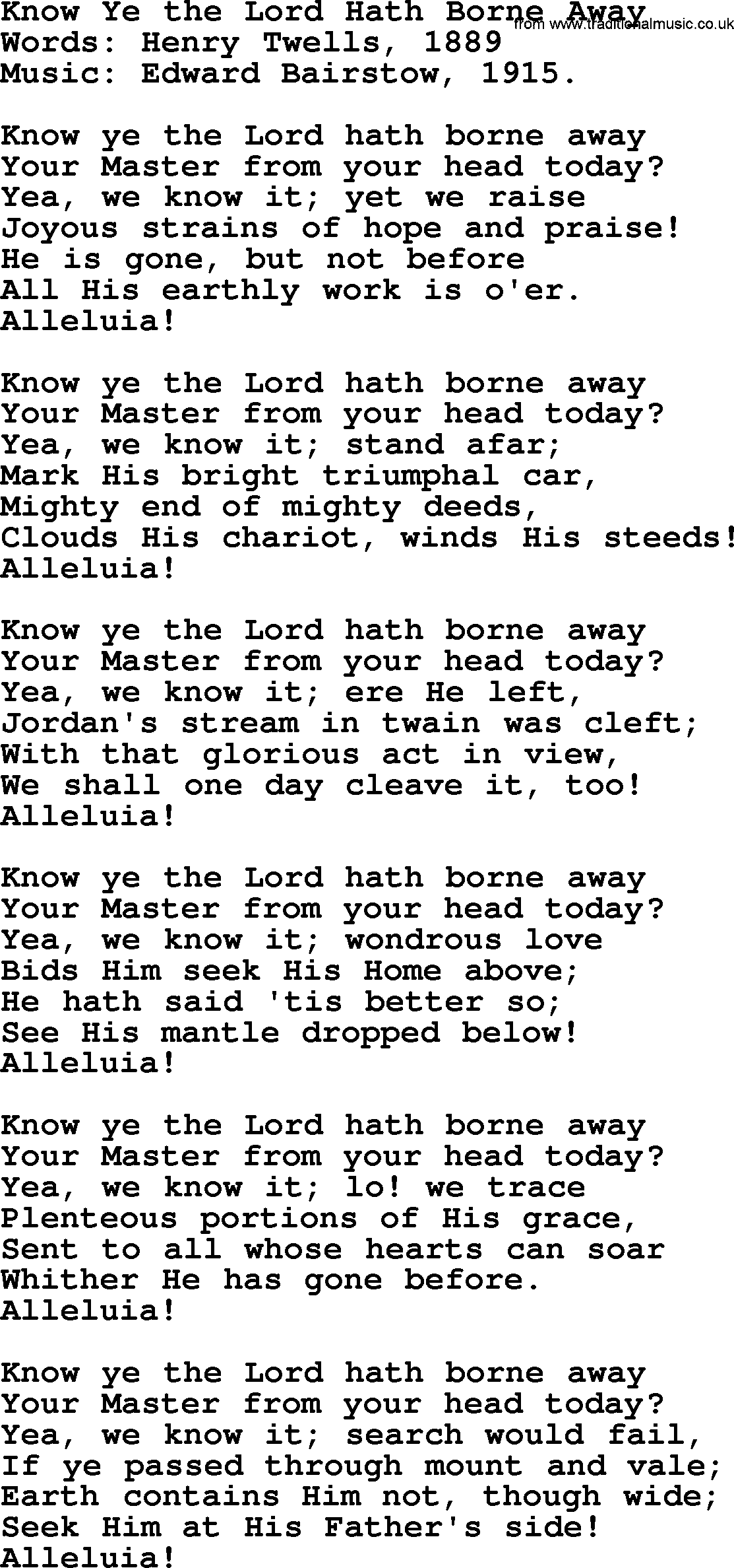 Ascensiontide Hynms collection, Hymn: Know Ye The Lord Hath Borne Away, lyrics and PDF
