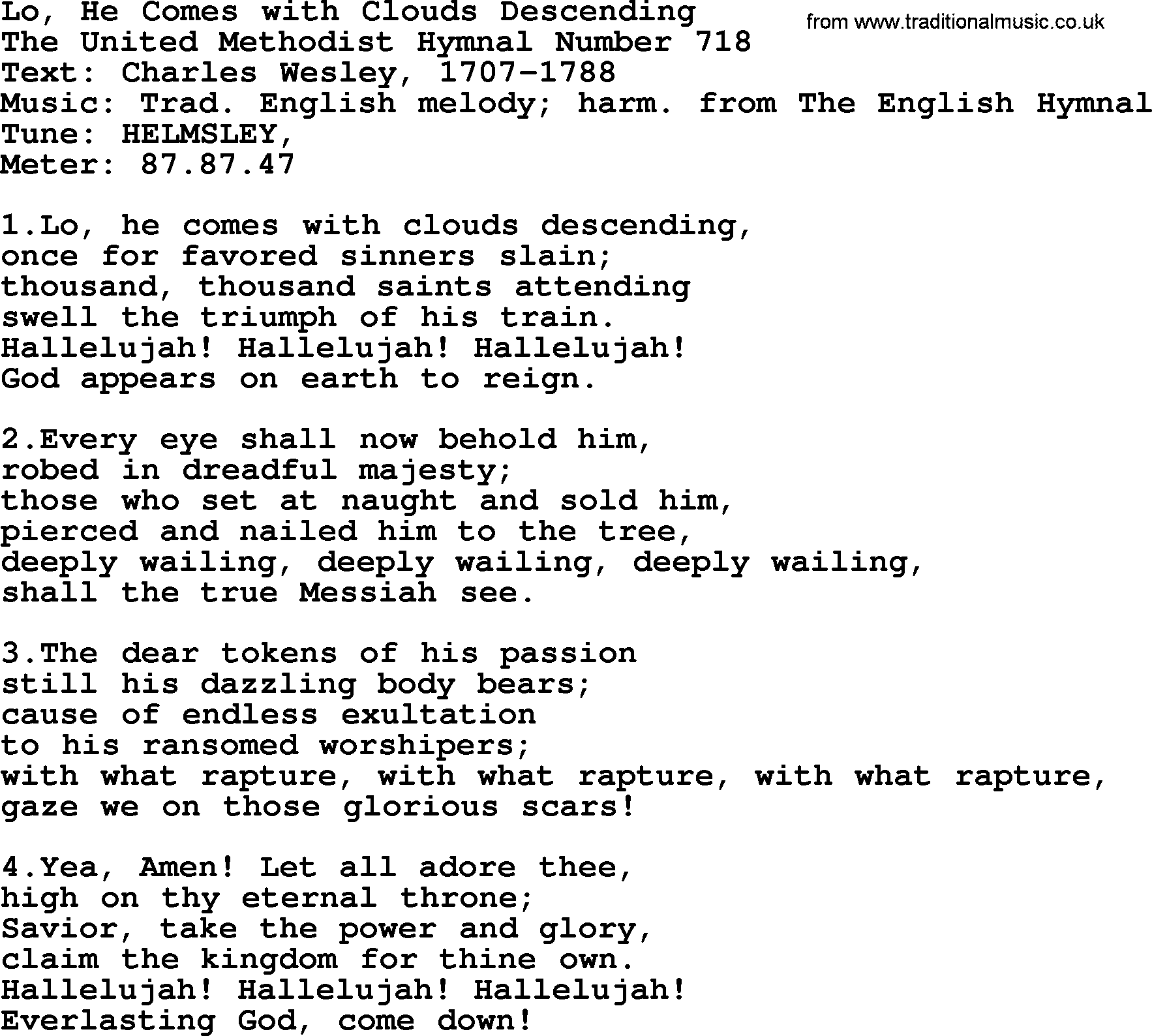 Ascensiontide Hynms collection, Hymn: Lo, He Comes With Clouds Descending, lyrics and PDF