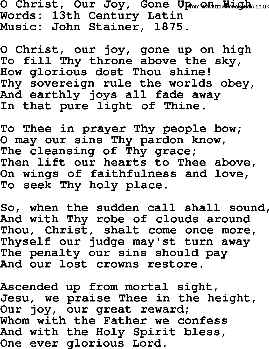 Ascensiontide Hynms collection, Hymn: O Christ, Our Joy, Gone Up On High, lyrics and PDF