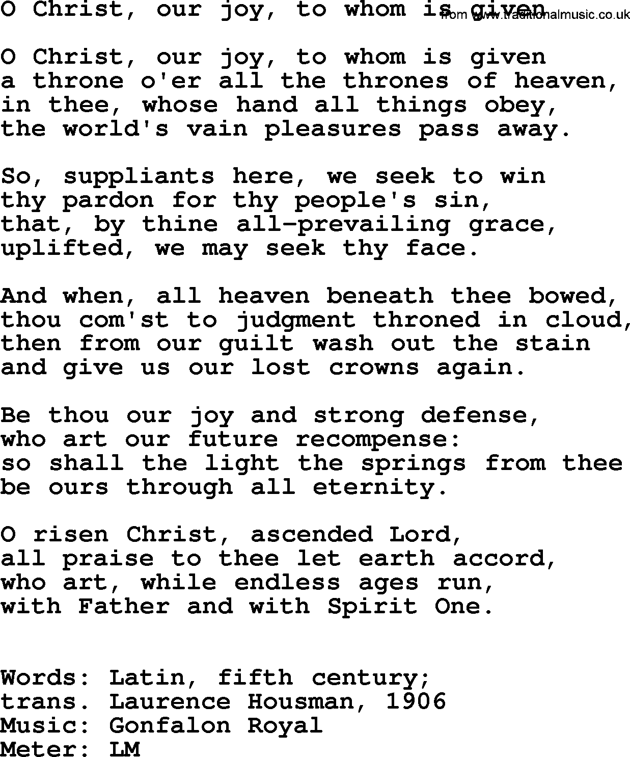 Ascensiontide Hynms collection, Hymn: O Christ, Our Joy, To Whom Is Given, lyrics and PDF