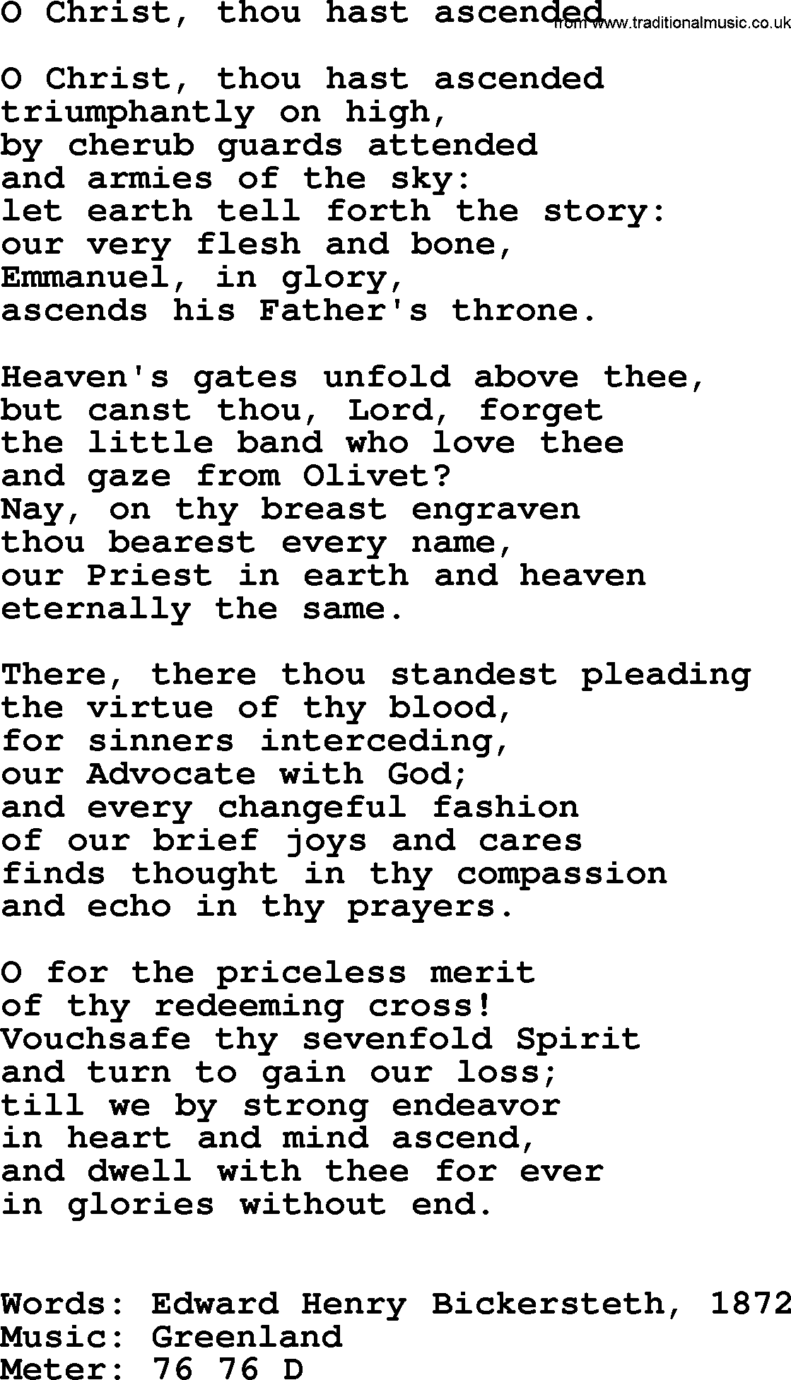 Ascensiontide Hynms collection, Hymn: O Christ, Thou Hast Ascended, lyrics and PDF