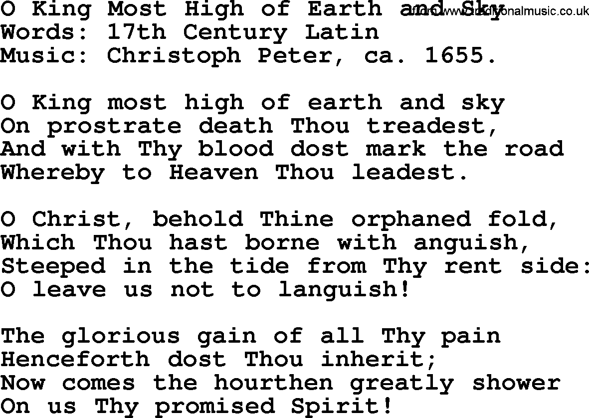 Ascensiontide Hynms collection, Hymn: O King Most High Of Earth And Sky, lyrics and PDF