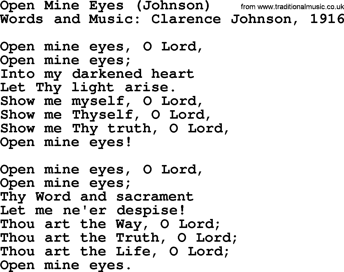 Ascensiontide Hynms collection, Hymn: Open Mine Eyes (Johnson), lyrics and PDF