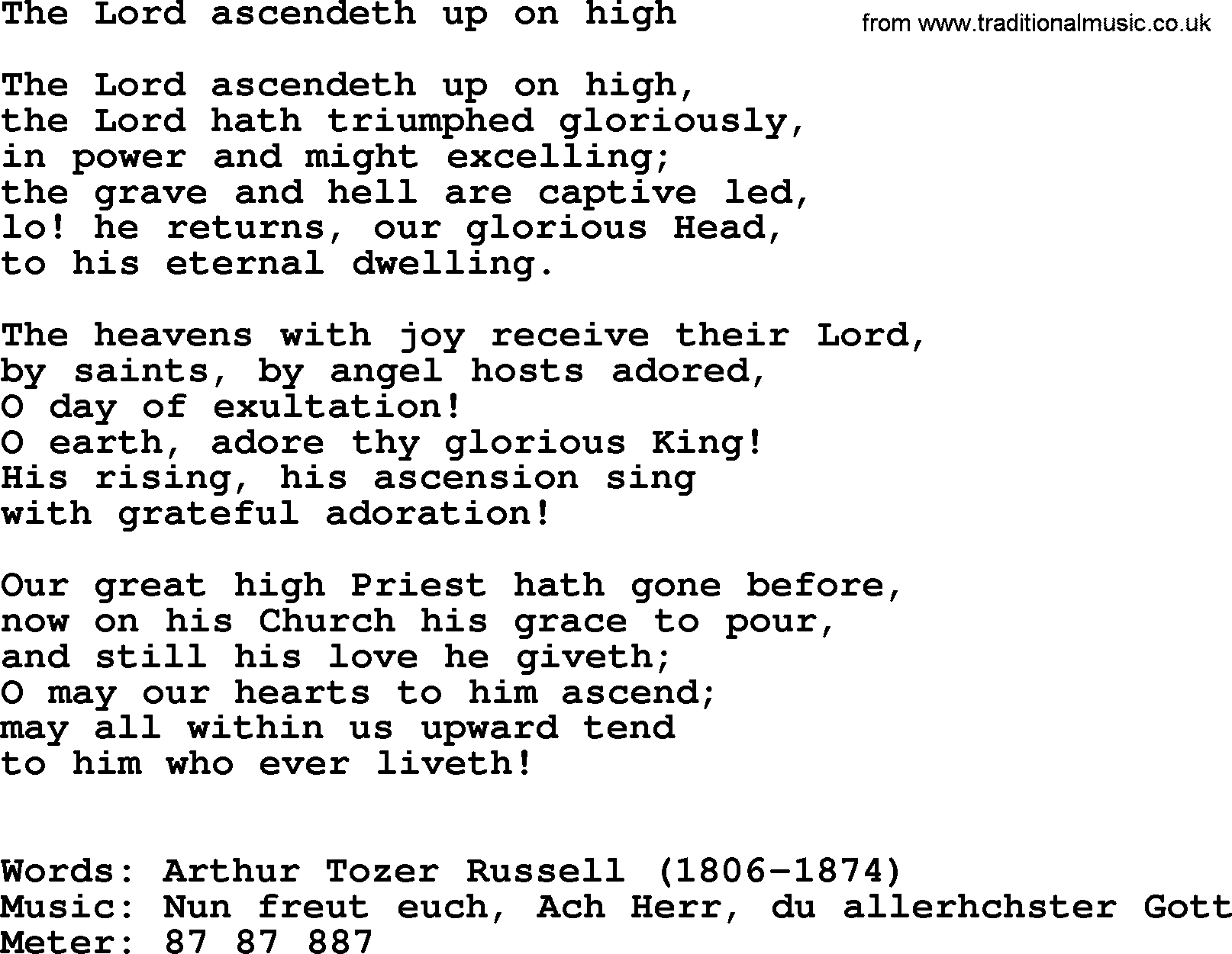 Ascensiontide Hynms collection, Hymn: The Lord Ascendeth Up On High, lyrics and PDF