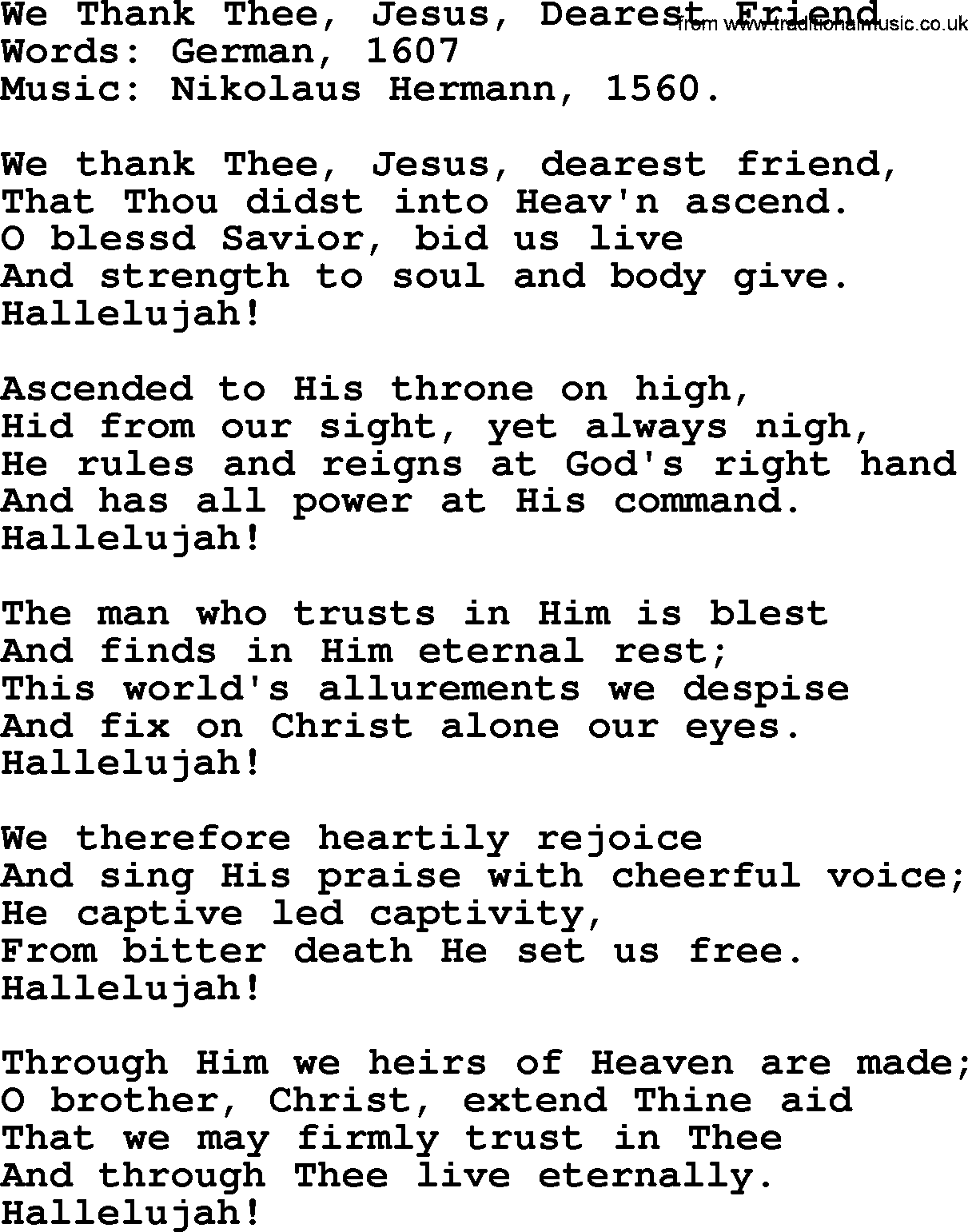 Ascensiontide Hynms collection, Hymn: We Thank Thee, Jesus, Dearest Friend, lyrics and PDF