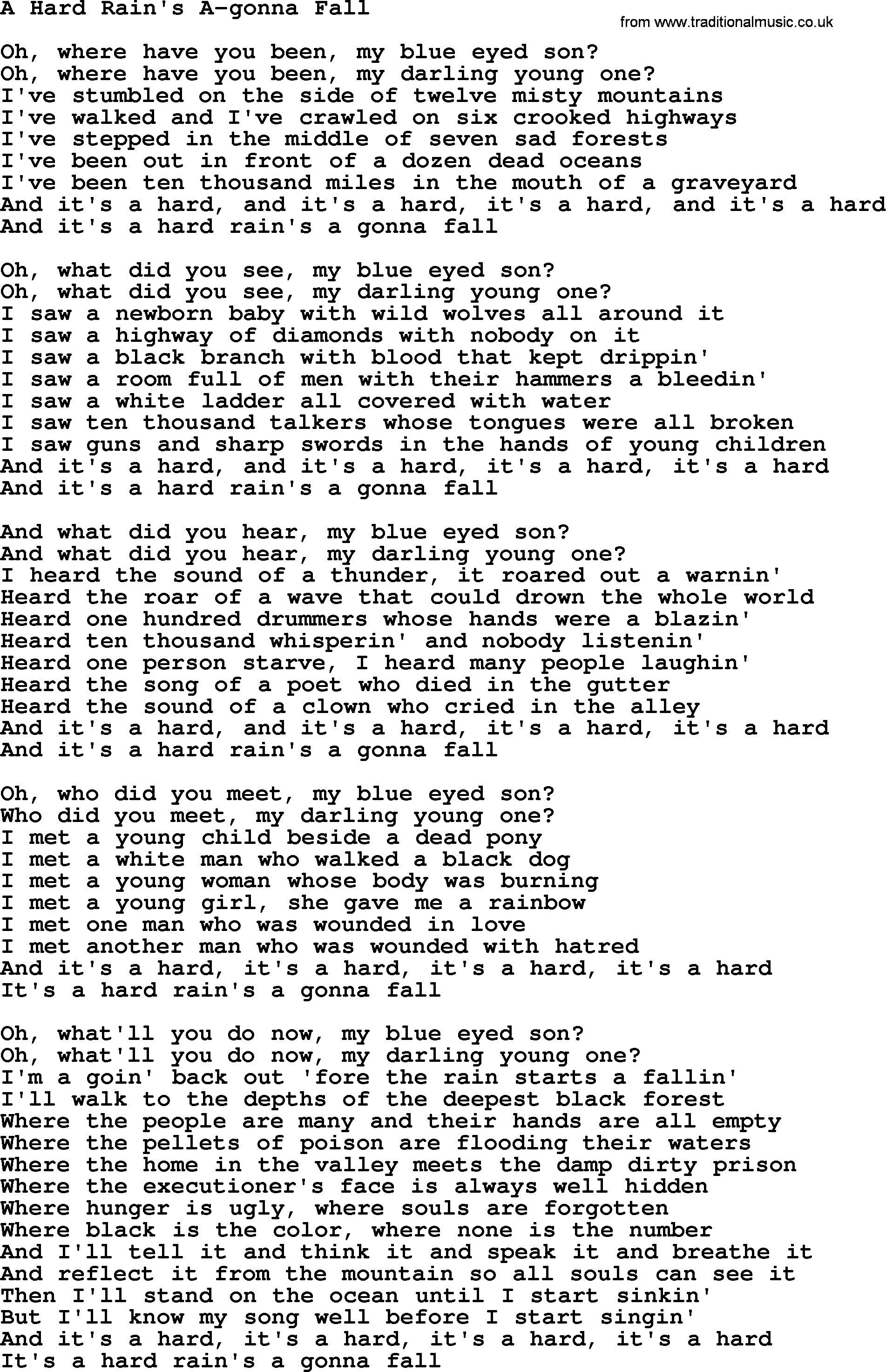Joan Baez song A Hard Rain's A-gonna Fall, lyrics