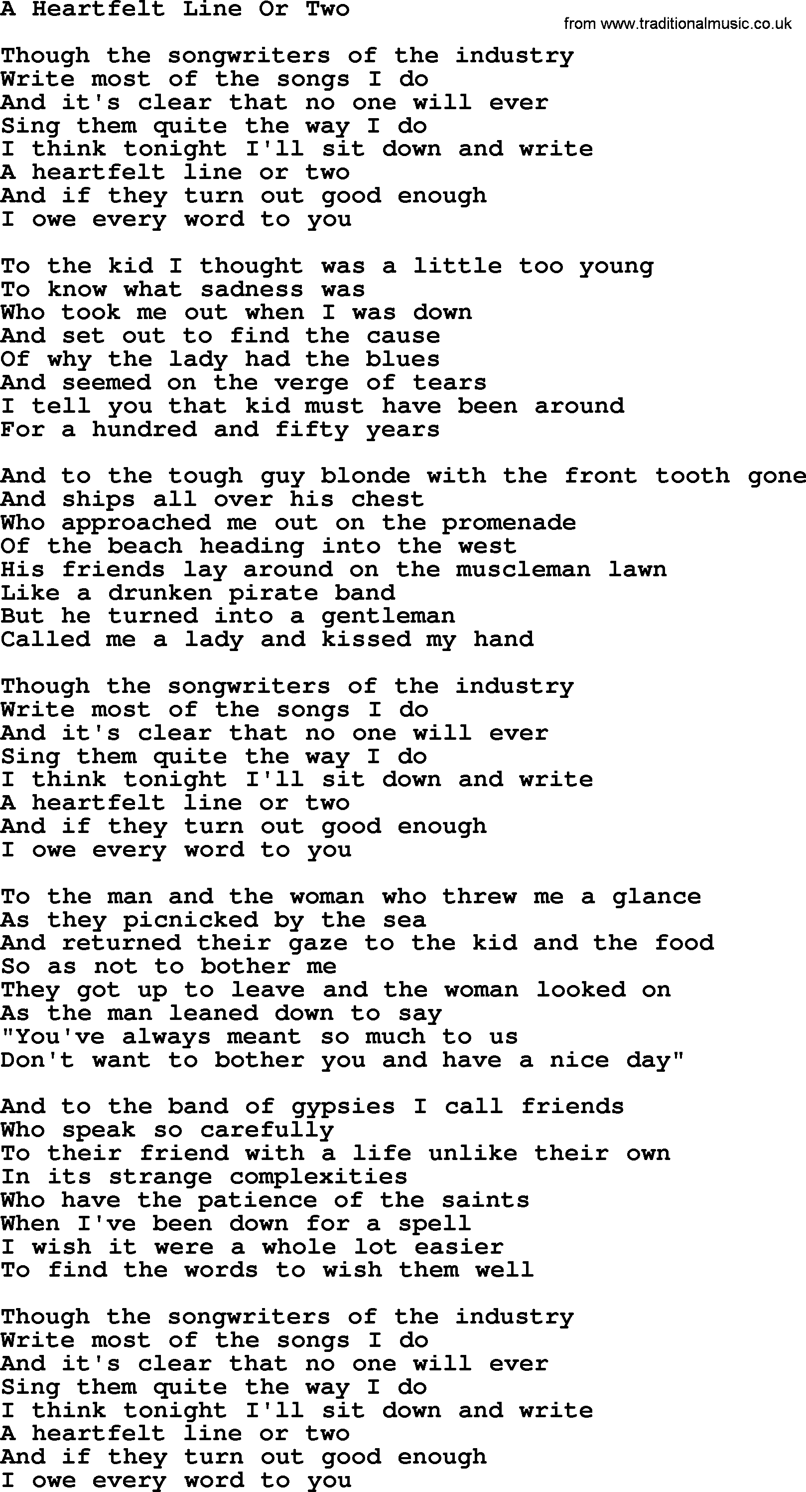 Joan Baez song A Heartfelt Line Or Two, lyrics