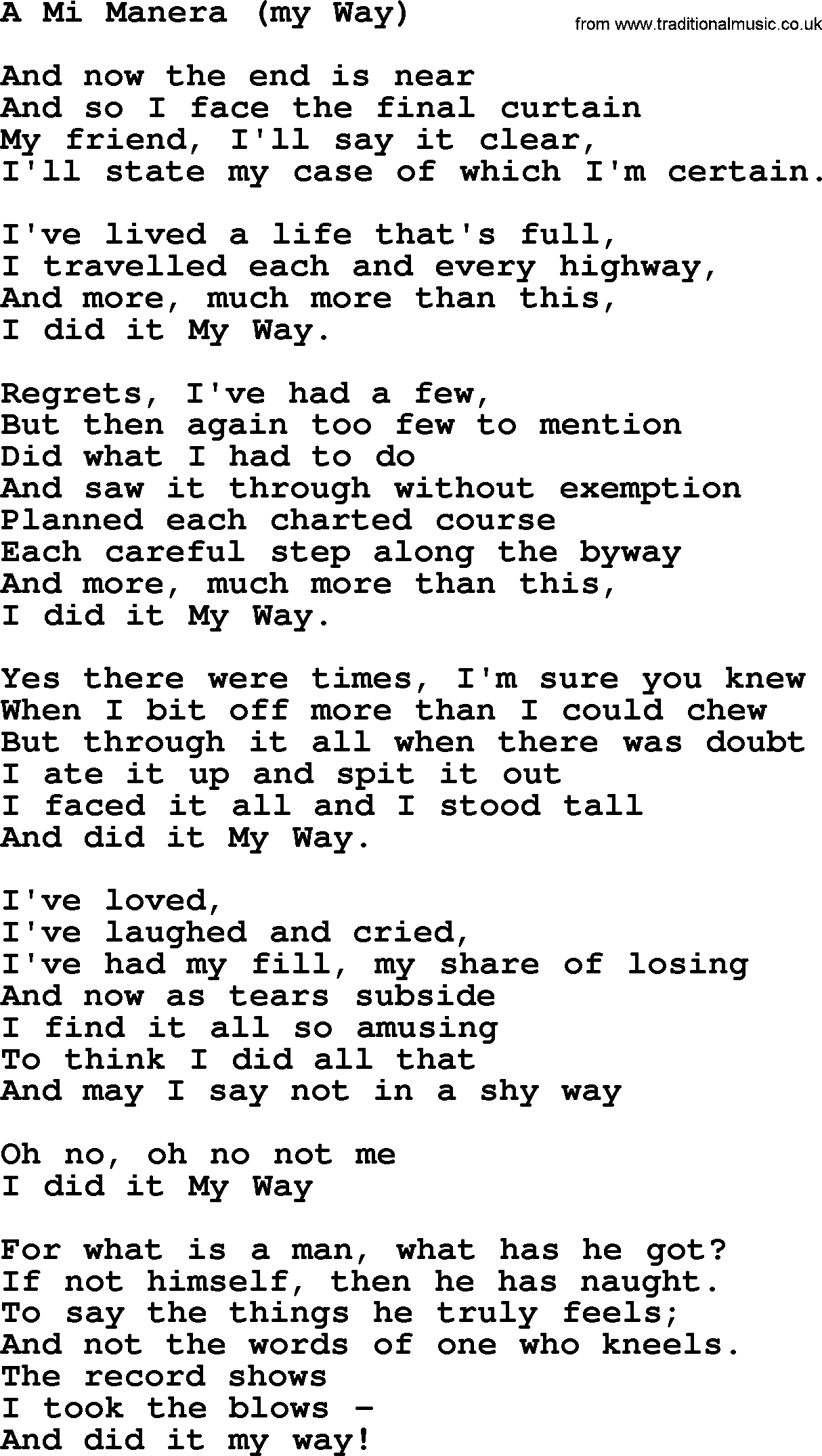 Joan Baez song A Mi Manera(My Way), lyrics